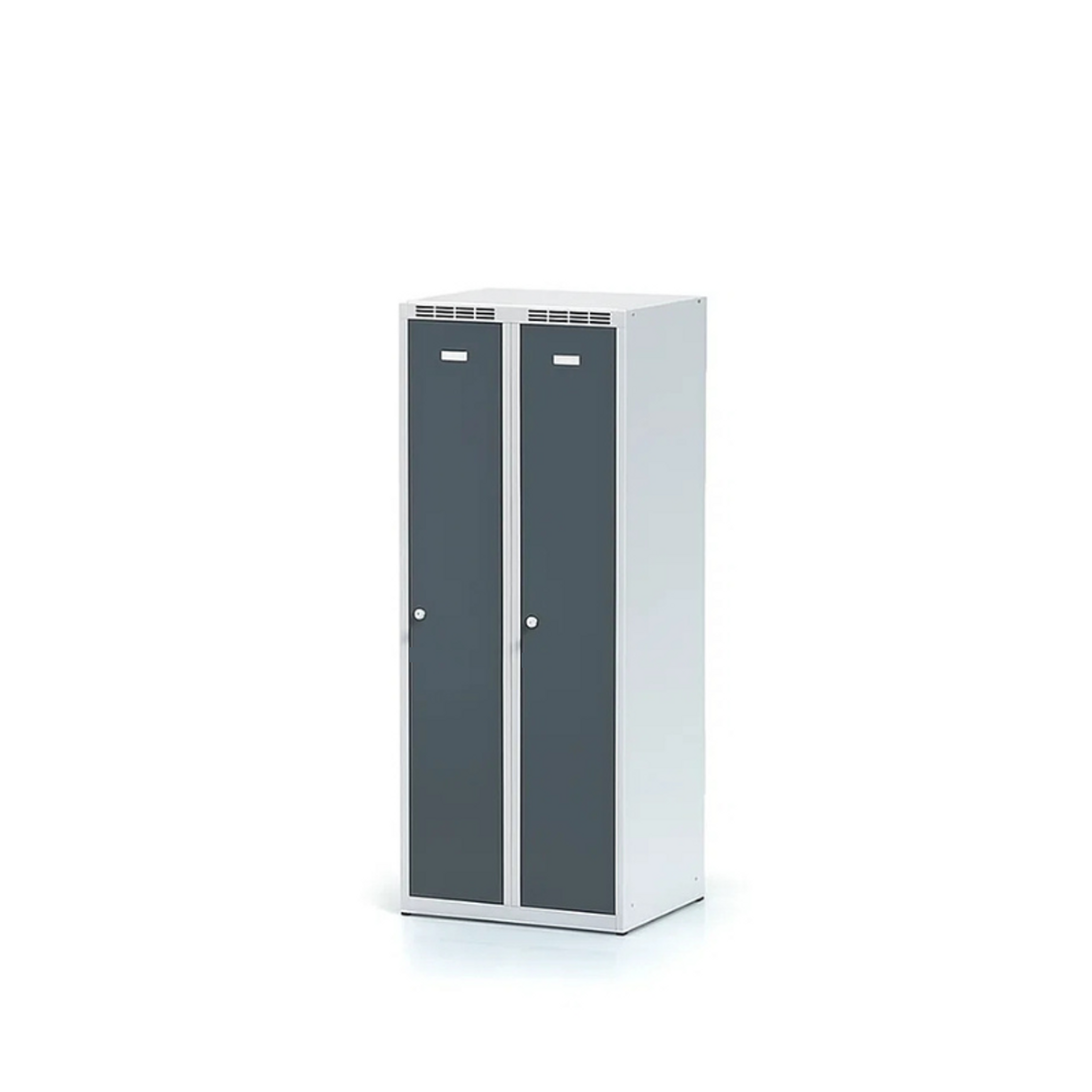 Metalowa szafka ubraniowa obniżona, 2-drzwiowa, 1500 x 600 x 500 mm, zamek obrotowy, drzwi ciemnoszare