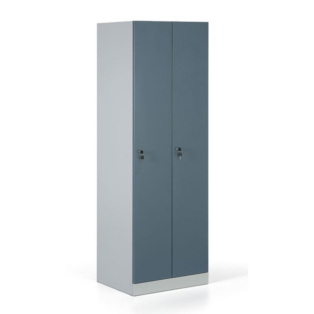 Metalowa szafka ubraniowa, rozłożona, szaroniebieskie drzwi, zamek cylindryczny
