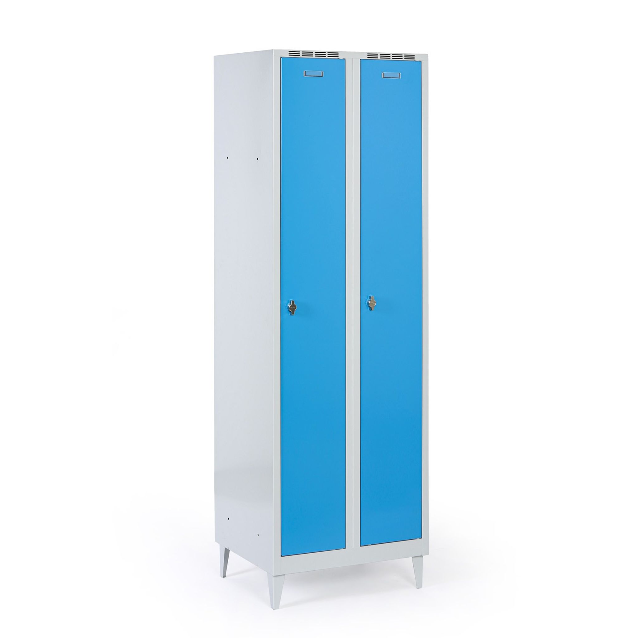 Metalowa szafka ubraniowa S7 na nogach, 2-drzwiowa, 1920 x 600 x 500 mm, zamek obrotowy, drzwi niebieske