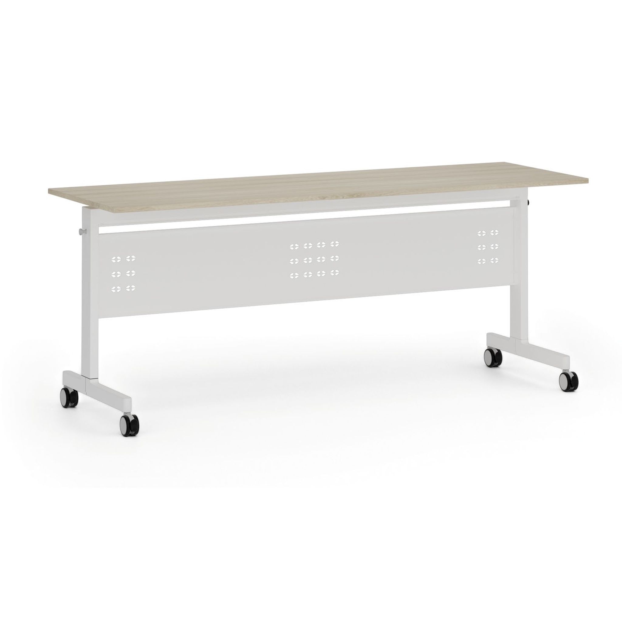 Mobiler Schreibtisch PRIMO MOBI, 180x60 cm, weißes Metallgestell, Eiche natur