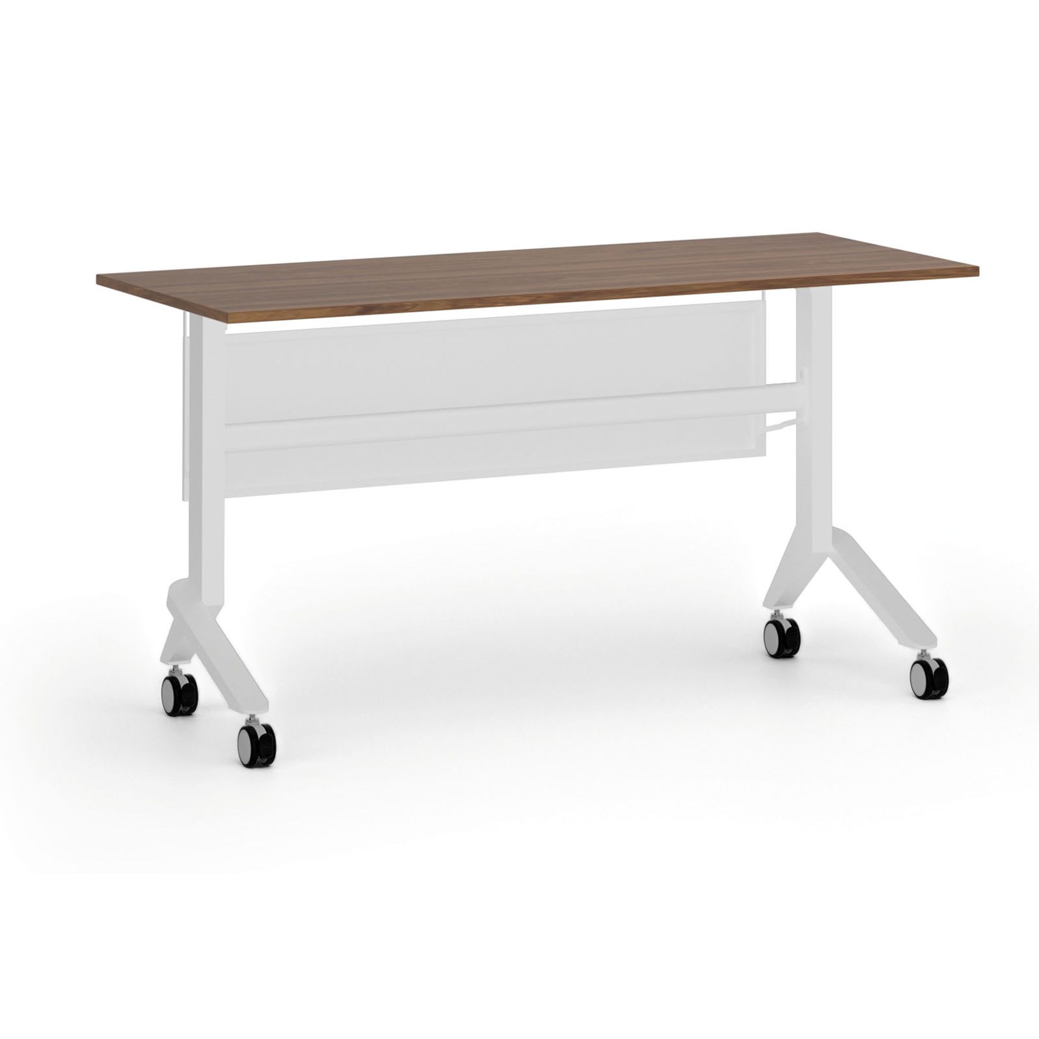 Mobiler Schreibtisch PRIMO MOVE, 140x60 cm, weißes Metallgestell, Nussbaum