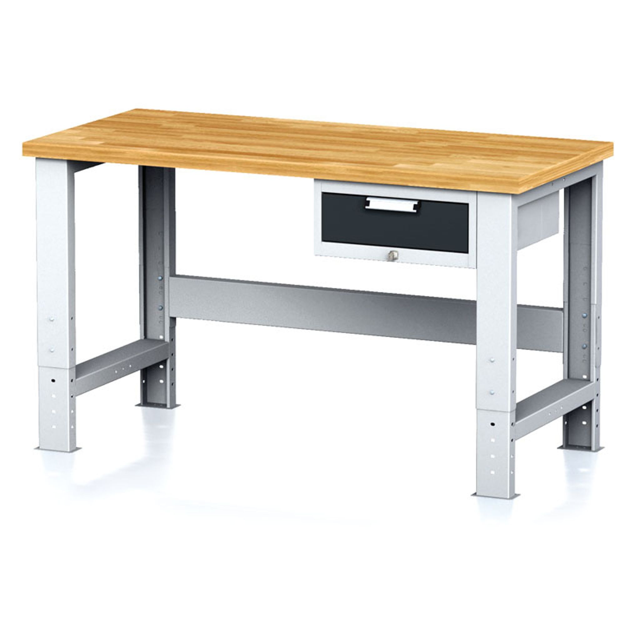 Nastaviteľný dielenský stôl MECHANIC I, závesný box na náradie, 1 zásuvka, 1500x685x700-1055 mm, antracit