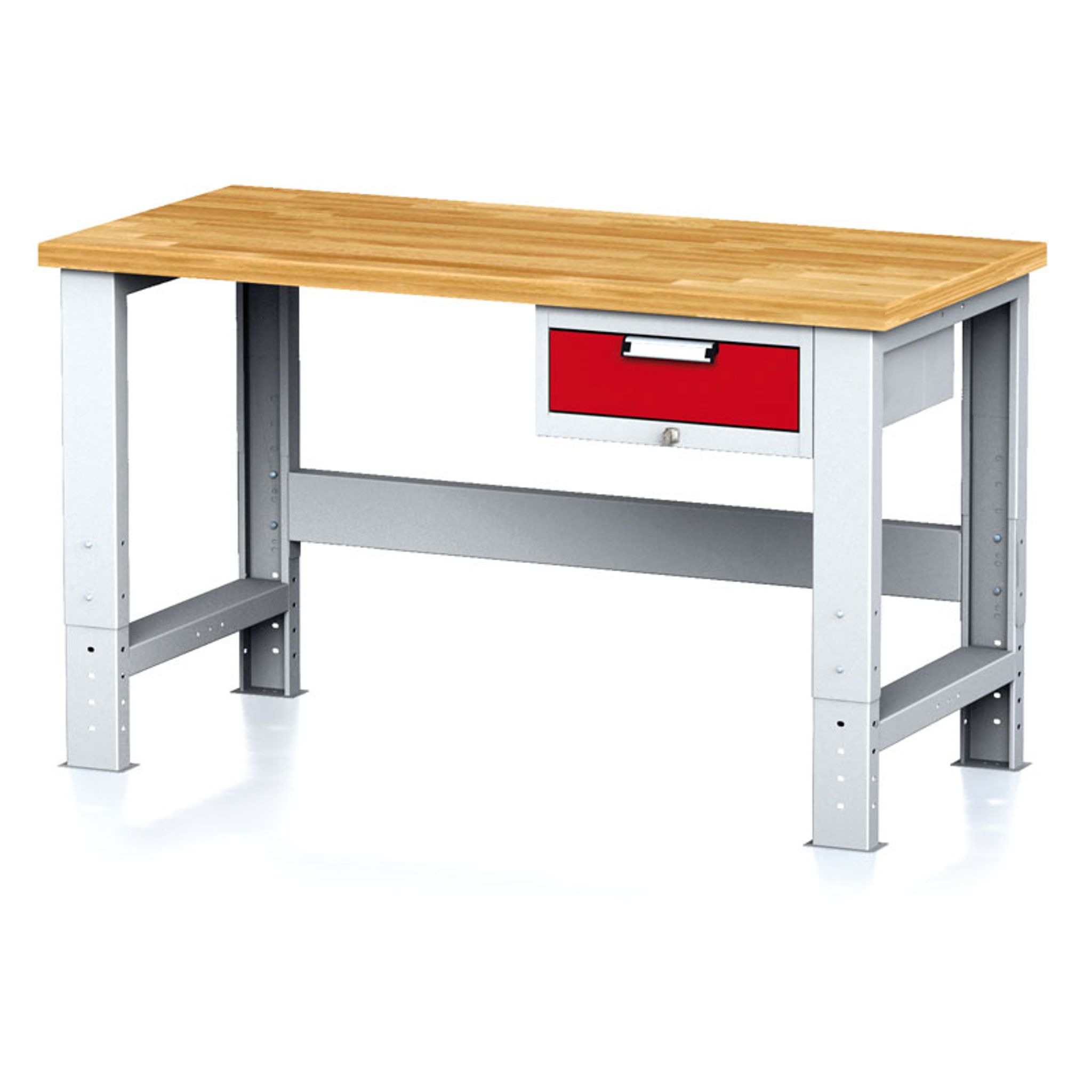 Nastaviteľný dielenský stôl MECHANIC I, závesný box na náradie, 1 zásuvka, 1500x685x700-1055 mm, červené dvere