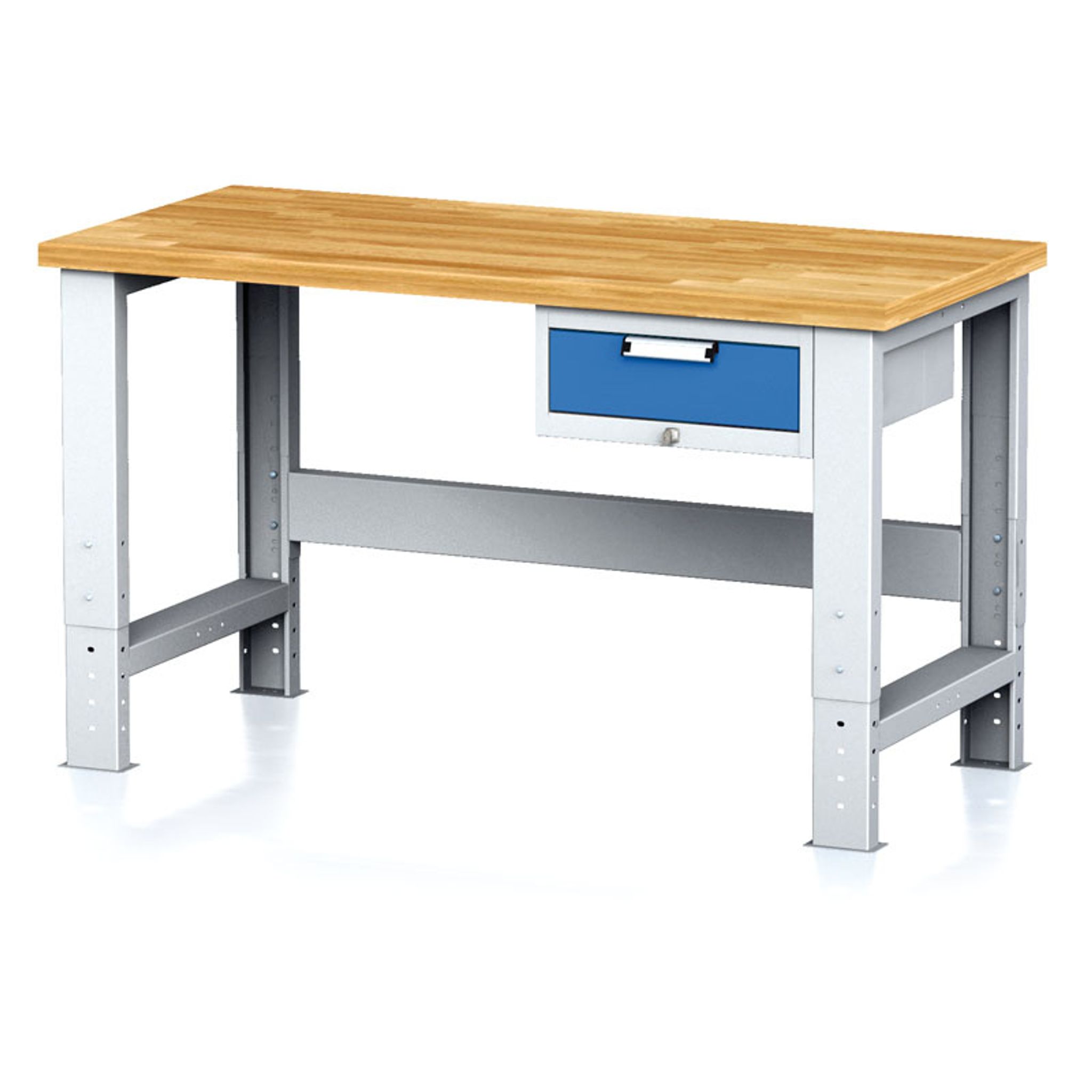Nastaviteľný dielenský stôl MECHANIC I, závesný box na náradie, 1 zásuvka, 1500x685x700-1055 mm, modré dvere