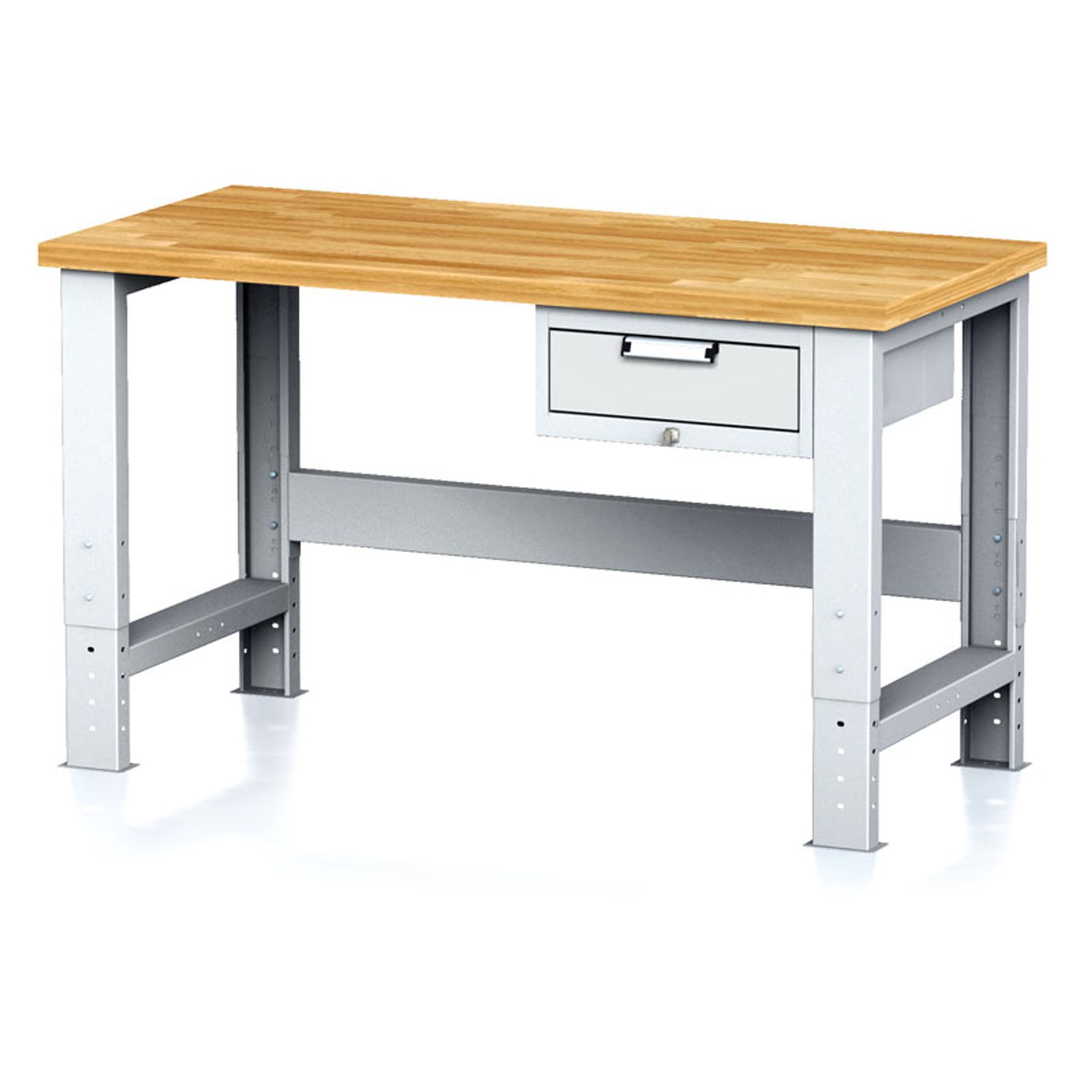 Nastaviteľný dielenský stôl MECHANIC I, závesný box na náradie, 1 zásuvka, 1500x685x700-1055 mm, sivé dvere
