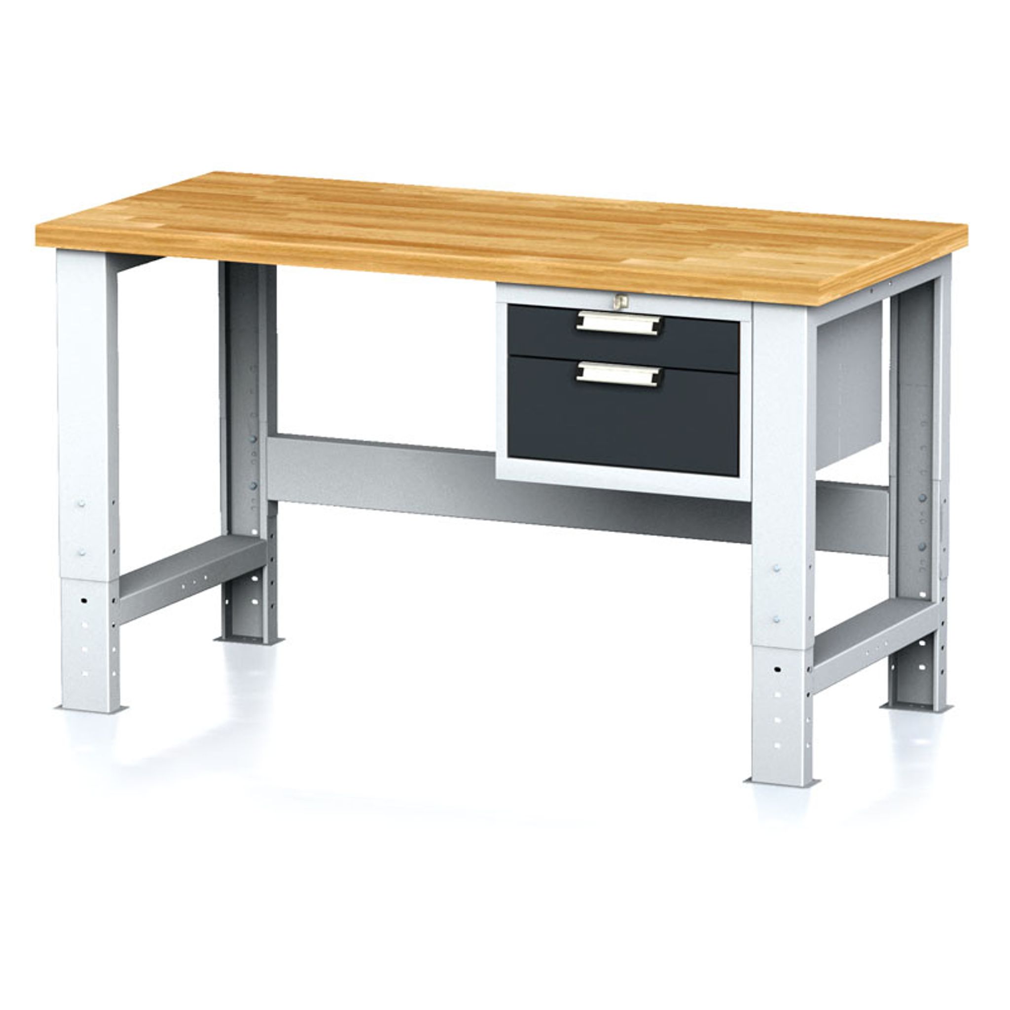 Nastaviteľný dielenský stôl MECHANIC I, závesný box na náradie, 2 zásuvky, 1500x685x700-1055 mm, antracitové dvere