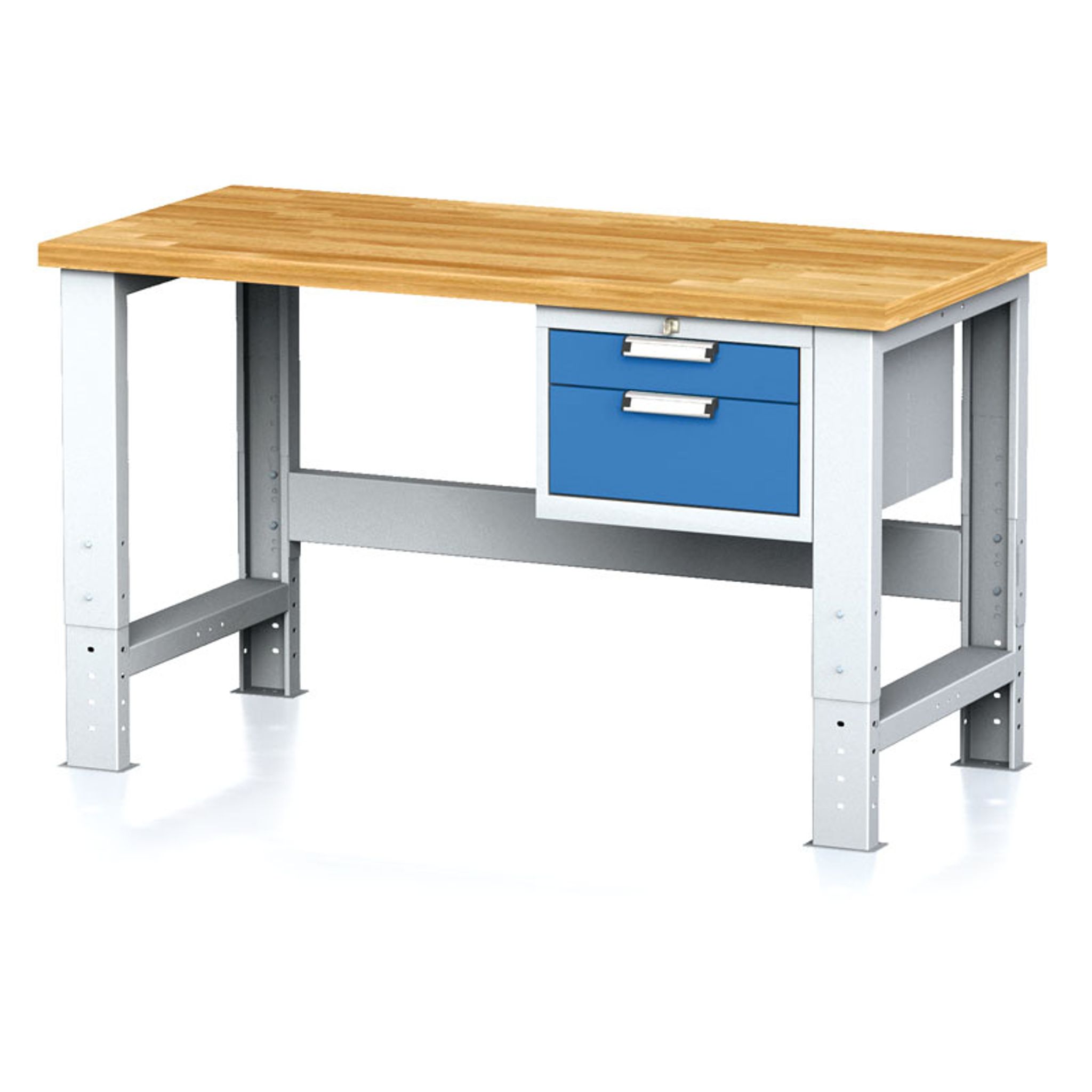 Nastaviteľný dielenský stôl MECHANIC I, závesný box na náradie, 2 zásuvky, 1500x685x700-1055 mm, modré dvere