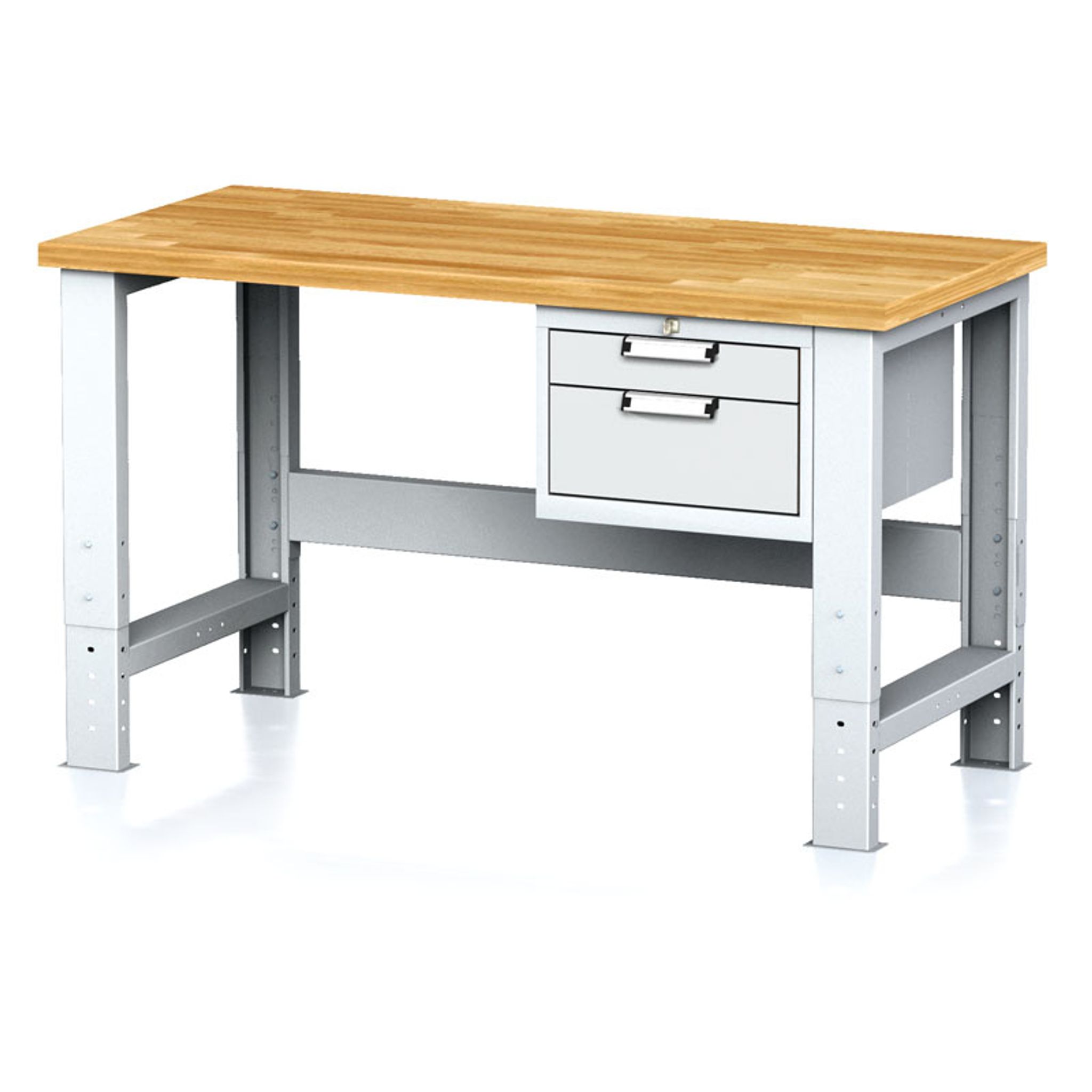 Nastaviteľný dielenský stôl MECHANIC I, závesný box na náradie, 2 zásuvky, 1500x685x700-1055 mm, sivé dvere