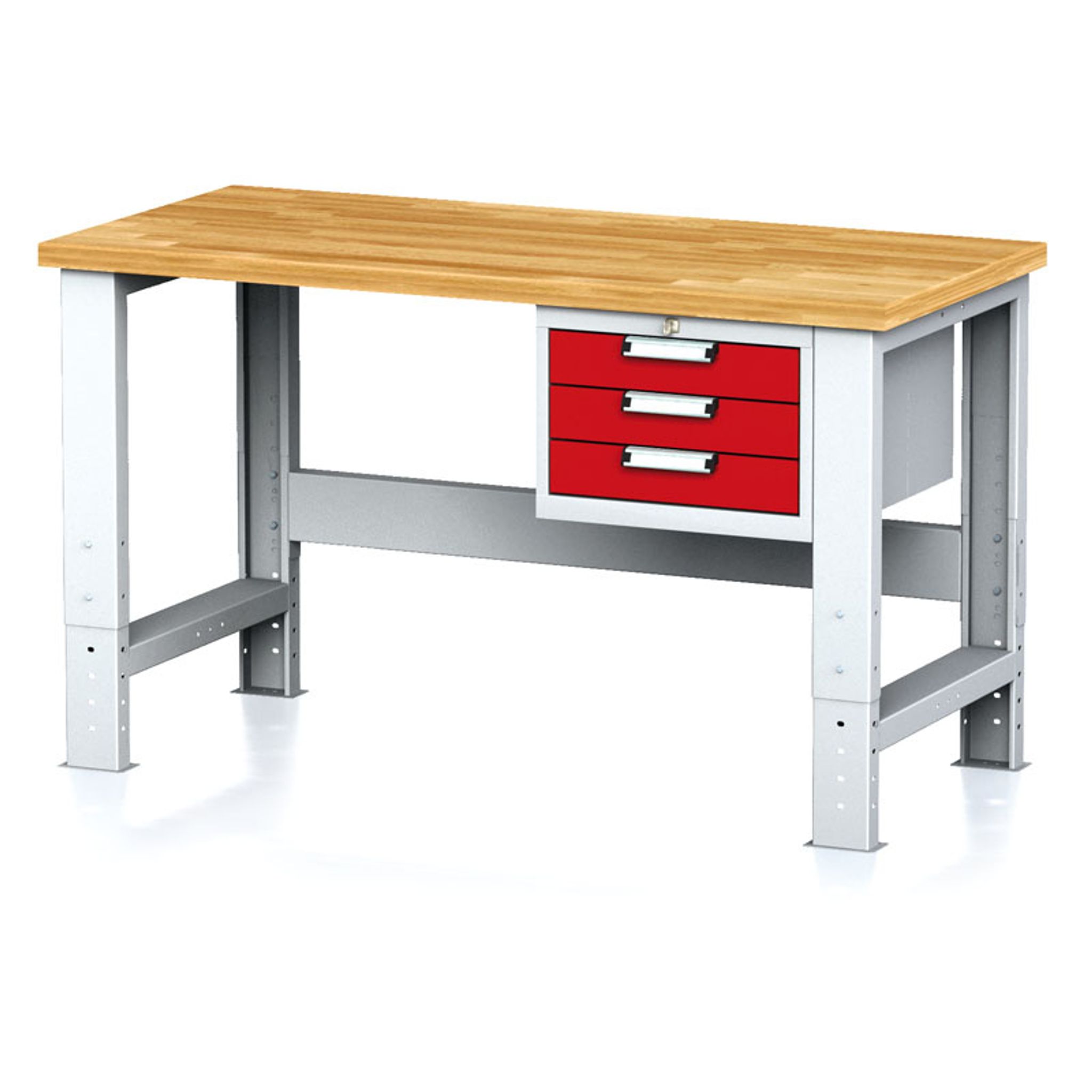 Nastaviteľný dielenský stôl MECHANIC I, závesný box na náradie, 3 zásuvky, 1500x685x700-1055 mm, červené dvere