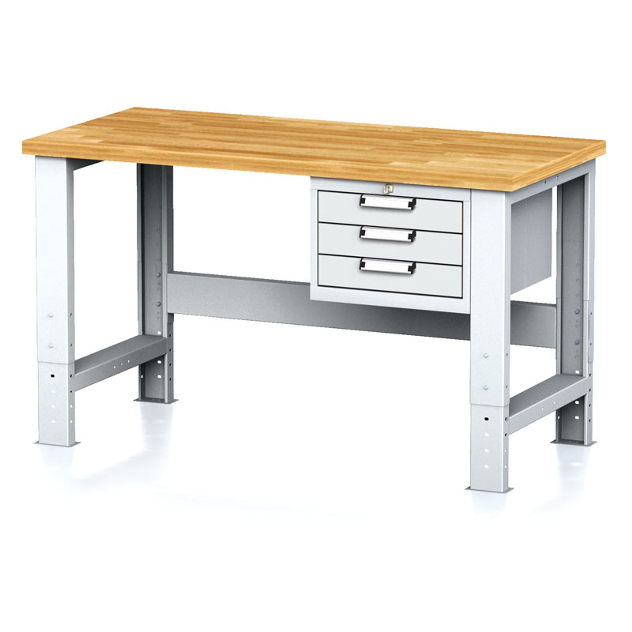 Nastaviteľný dielenský stôl MECHANIC I, závesný box na náradie, 3 zásuvky, 1500x685x700-1055 mm, sivé dvere
