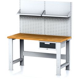 Nastaviteľný dielenský stôl MECHANIC I, závesný box na náradie, nadstavba, polica, 1 zásuvka, 1500x685x700-1055 mm, antracit