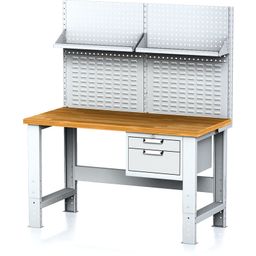 Nastaviteľný dielenský stôl MECHANIC I, závesný box na náradie, nadstavba, polica, 2 zásuvky, 1500x685x700-1055 mm, sivé