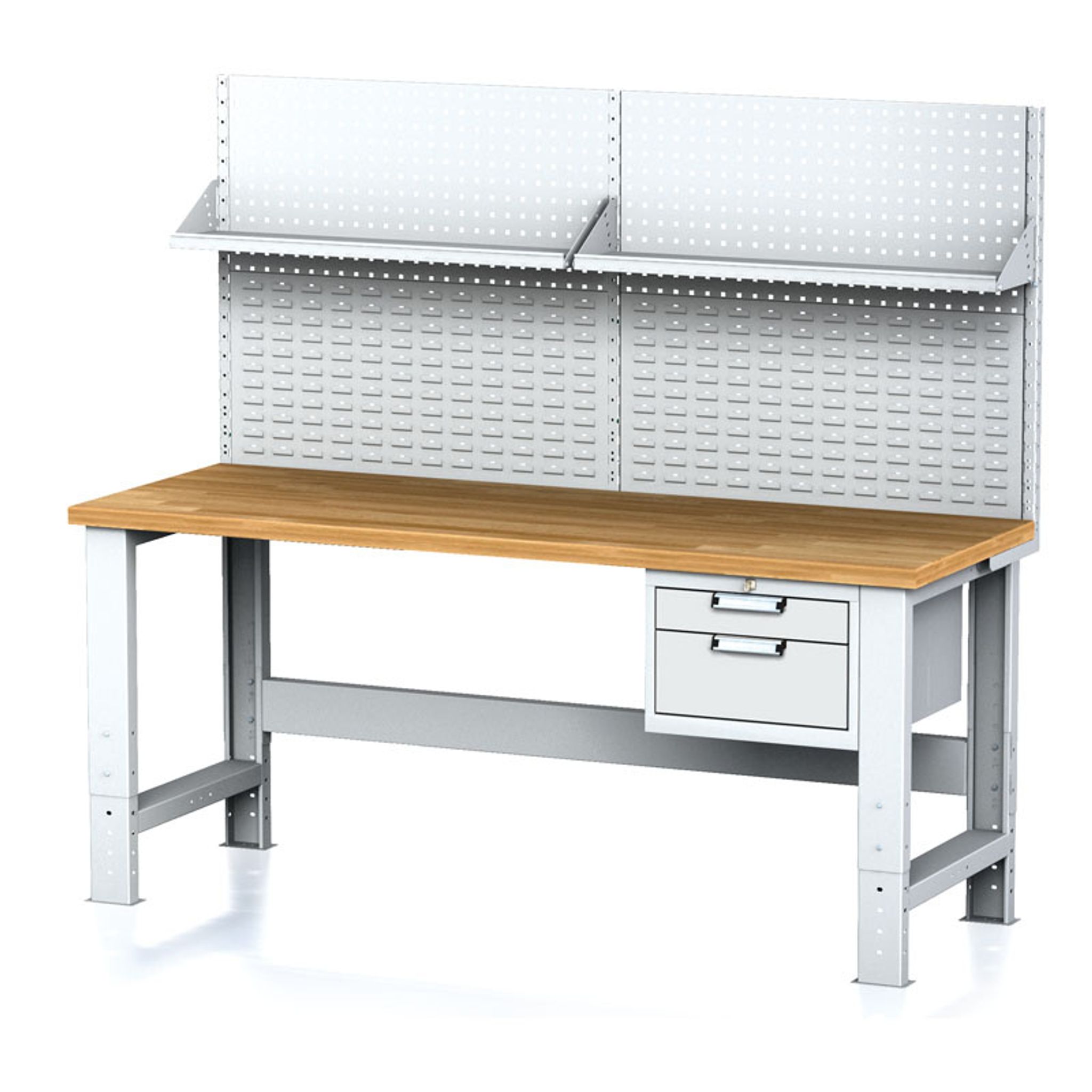 Výškovo nastaviteľný dielenský stôl MECHANIC I so závesným boxom na náradie, nadstavbou a policou, 2 zásuvky, 2000x700x700-1055 mm
