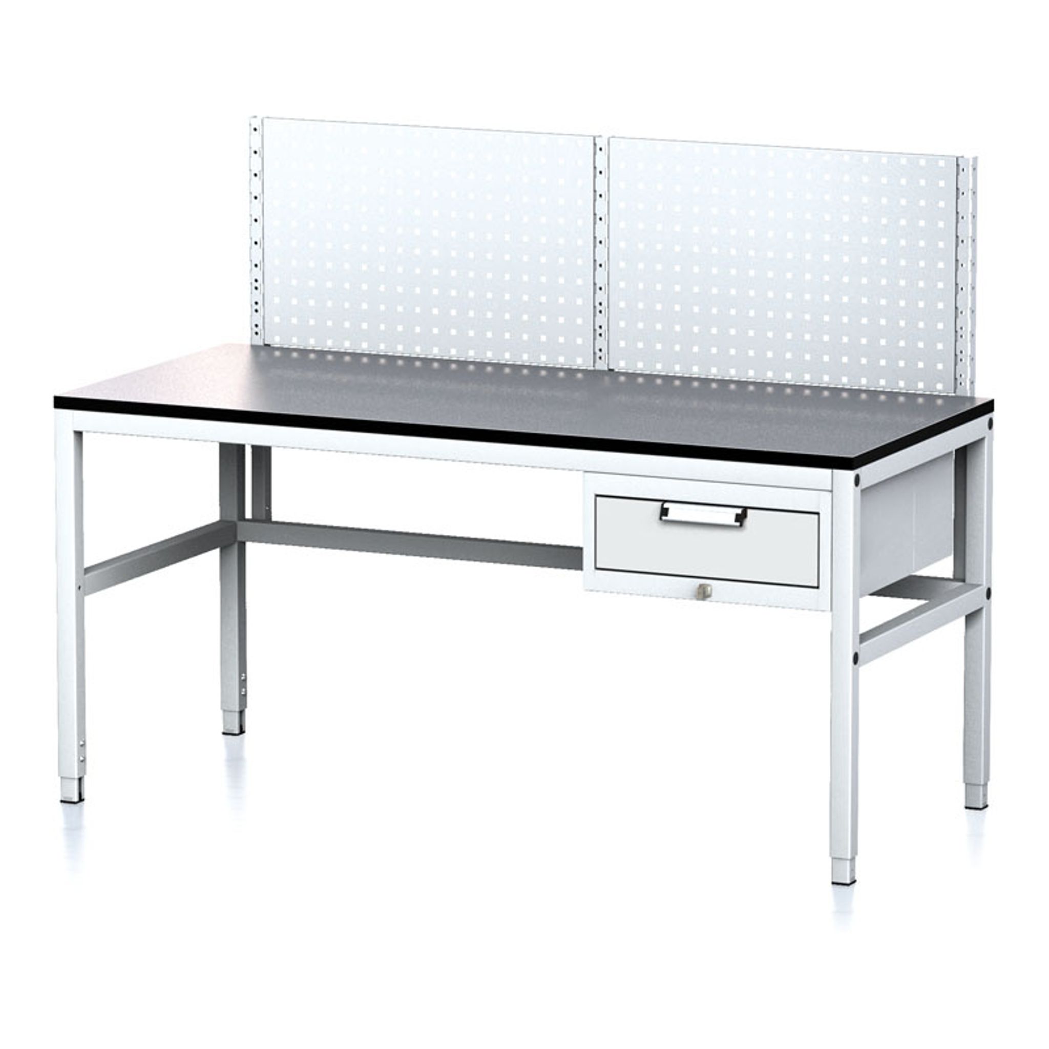 Nastaviteľný dielenský stôl MECHANIC II s perfopanelom, 1 zásuvkový box na náradie, 1600x700x745-985 mm, sivá