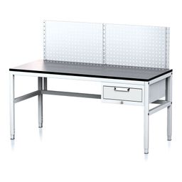 Nastaviteľný dielenský stôl MECHANIC II s perfopanelom, 1 zásuvkový box na náradie, 1600x700x745-985 mm, sivá