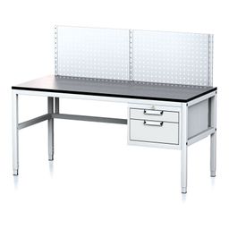 Nastaviteľný dielenský stôl MECHANIC II s perfopanelom, 2 zásuvkový box na náradie, 1600x700x745-985 mm, sivá