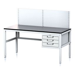 Nastaviteľný dielenský stôl MECHANIC II s perfopanelom, 3 zásuvkový box na náradie, 1600x700x745-985 mm, sivá
