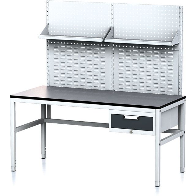 Nastaviteľný dielenský stôl MECHANIC II s perfopanelom a policami, 1 zásuvkový box na náradie, 1600x700x745-985 mm, sivá/antracit