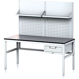Nastaviteľný dielenský stôl MECHANIC II s perfopanelom a policami, 1 zásuvkový box na náradie, 1600x700x745-985 mm, sivá