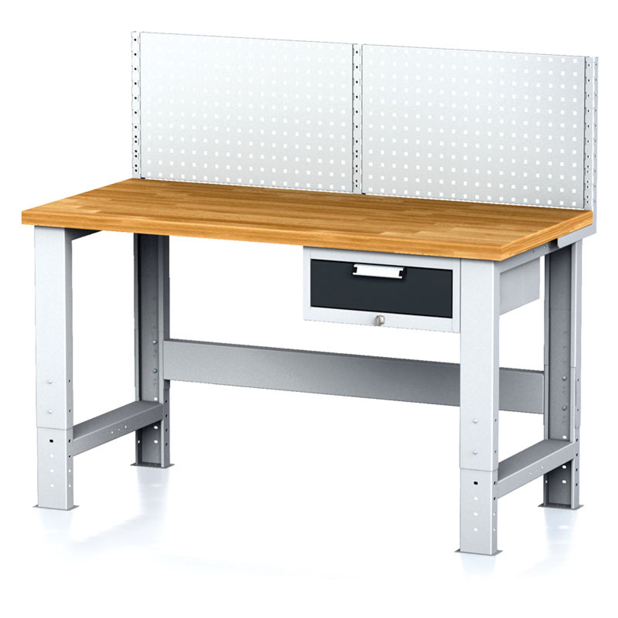 Nastavitelný dílenský stůl MECHANIC I , závěsný box na nářadí, nástavba,1 zásuvka, 1500x685x700-1055 mm, antracit