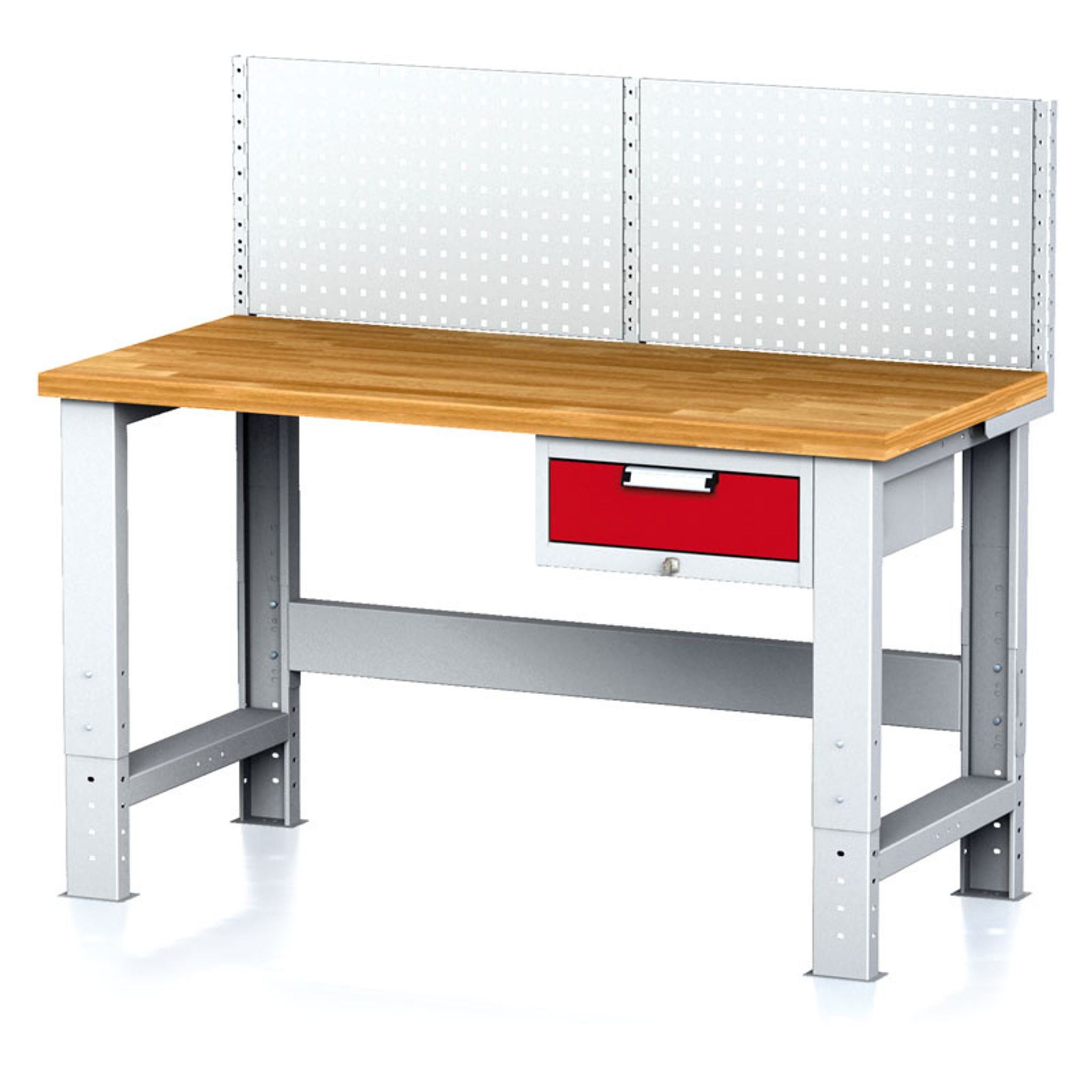 Nastavitelný dílenský stůl MECHANIC I , závěsný box na nářadí, nástavba, 1 zásuvka, 1500x685x700-1055 mm, červené