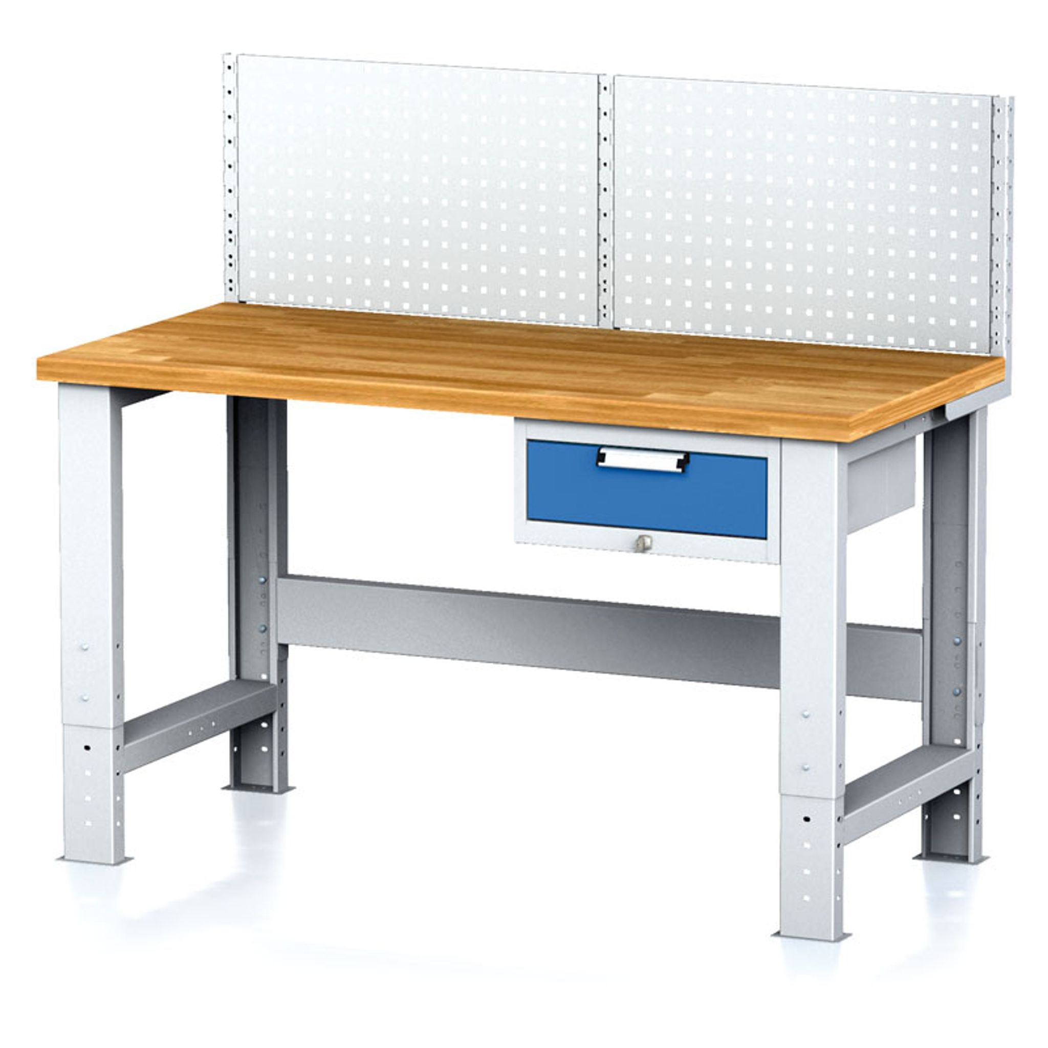 Nastavitelný dílenský stůl MECHANIC I , závěsný box na nářadí, nástavba, 1 zásuvka, 1500x685x700-1055 mm, modré