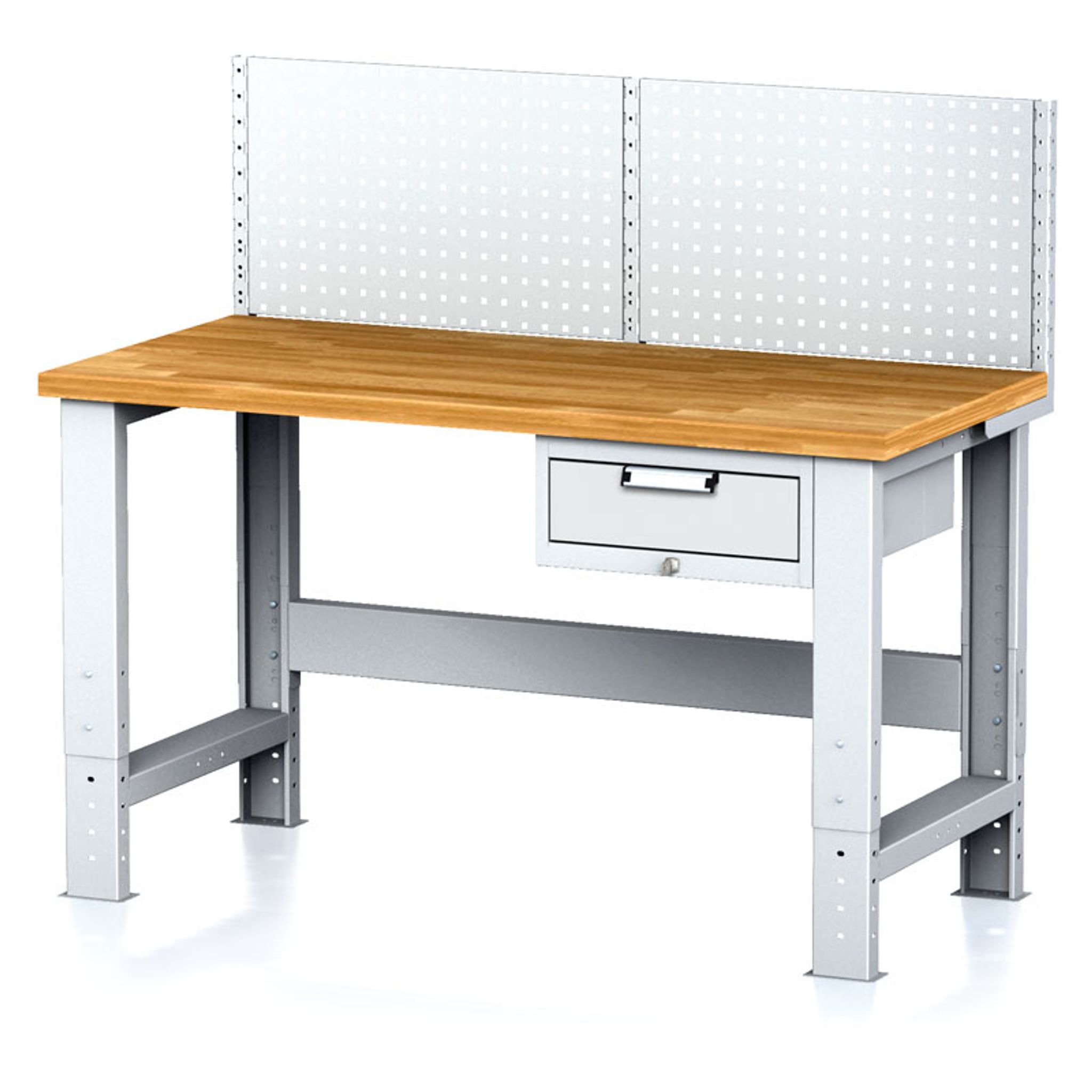 Nastavitelný dílenský stůl MECHANIC I , závěsný box na nářadí, nástavba,1 zásuvka, 1500x685x700-1055 mm, šedé