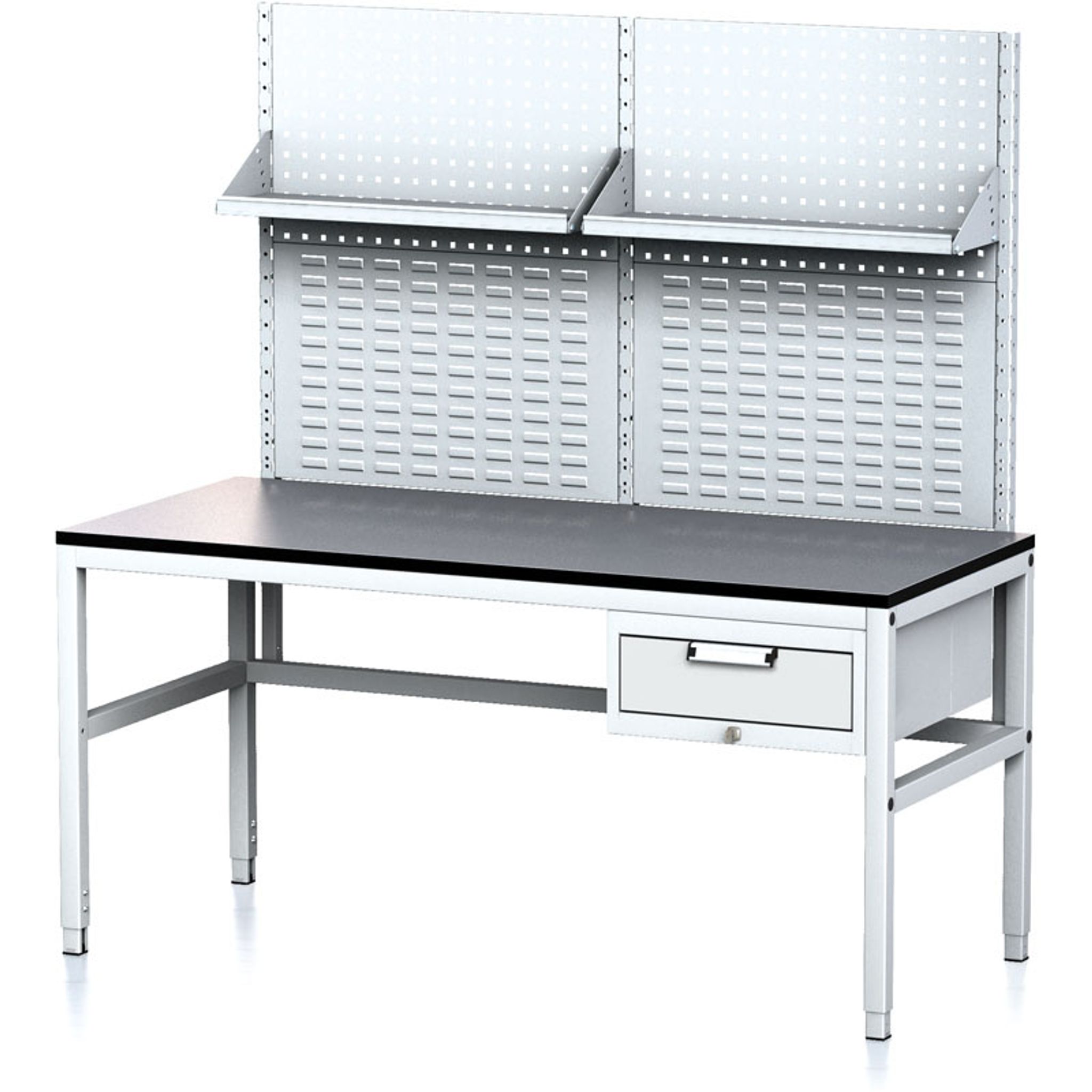 Nastavitelný dílenský stůl MECHANIC II s perfopanelem a policemi, 1 zásuvkový box na nářadí, 1600x700x745-985 mm, šedá