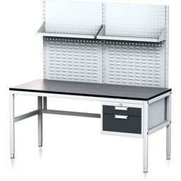 Nastavitelný dílenský stůl MECHANIC II s perfopanelem a policemi, 2 zásuvkový box na nářadí, 1600x700x745-985 mm,šedá/grafit