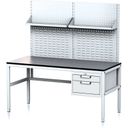 Nastavitelný dílenský stůl MECHANIC II s perfopanelem a policemi, 2 zásuvkový box na nářadí, 1600x700x745-985 mm, šedá