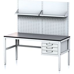 Nastavitelný dílenský stůl MECHANIC II s perfopanelem a policemi, 3 zásuvkový box na nářadí, 1600x700x745-985 mm, šedá