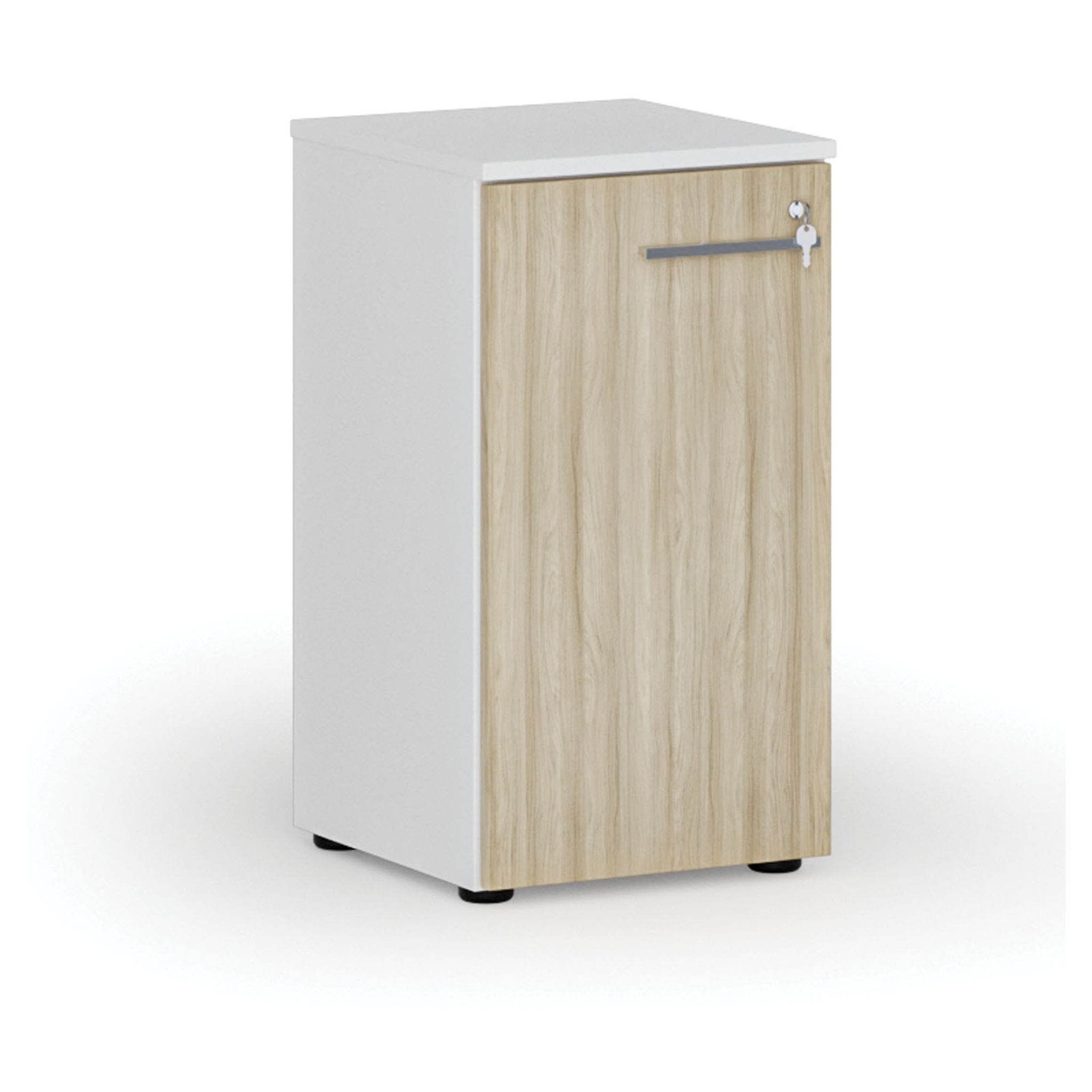 Niedriger Büroschrank mit Tür PRIMO WHITE, 400 x 420 x 740 mm, weiß/Eiche natur