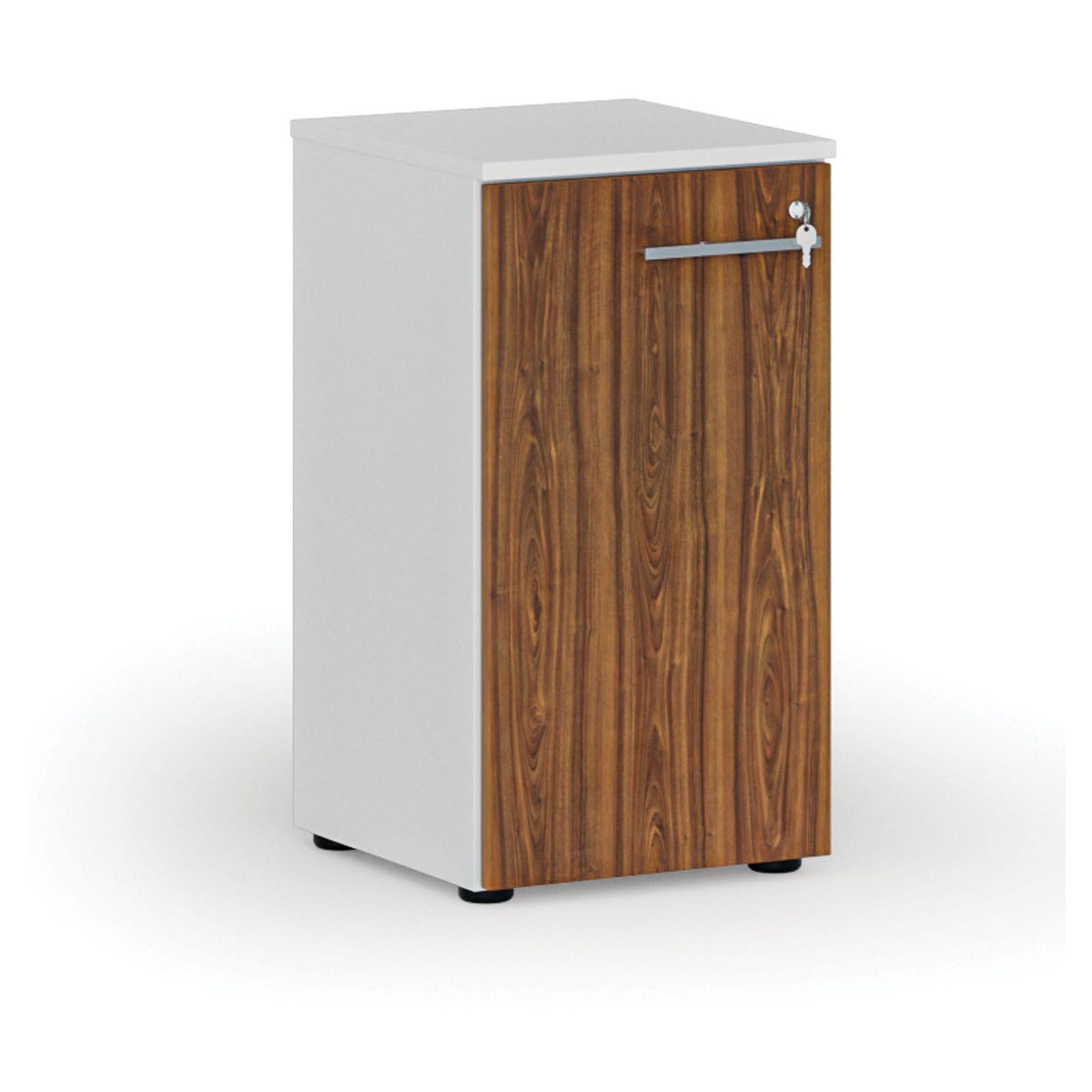 Niedriger Büroschrank mit Tür PRIMO WHITE, 400 x 420 x 740 mm, Weiß/Nussbaum