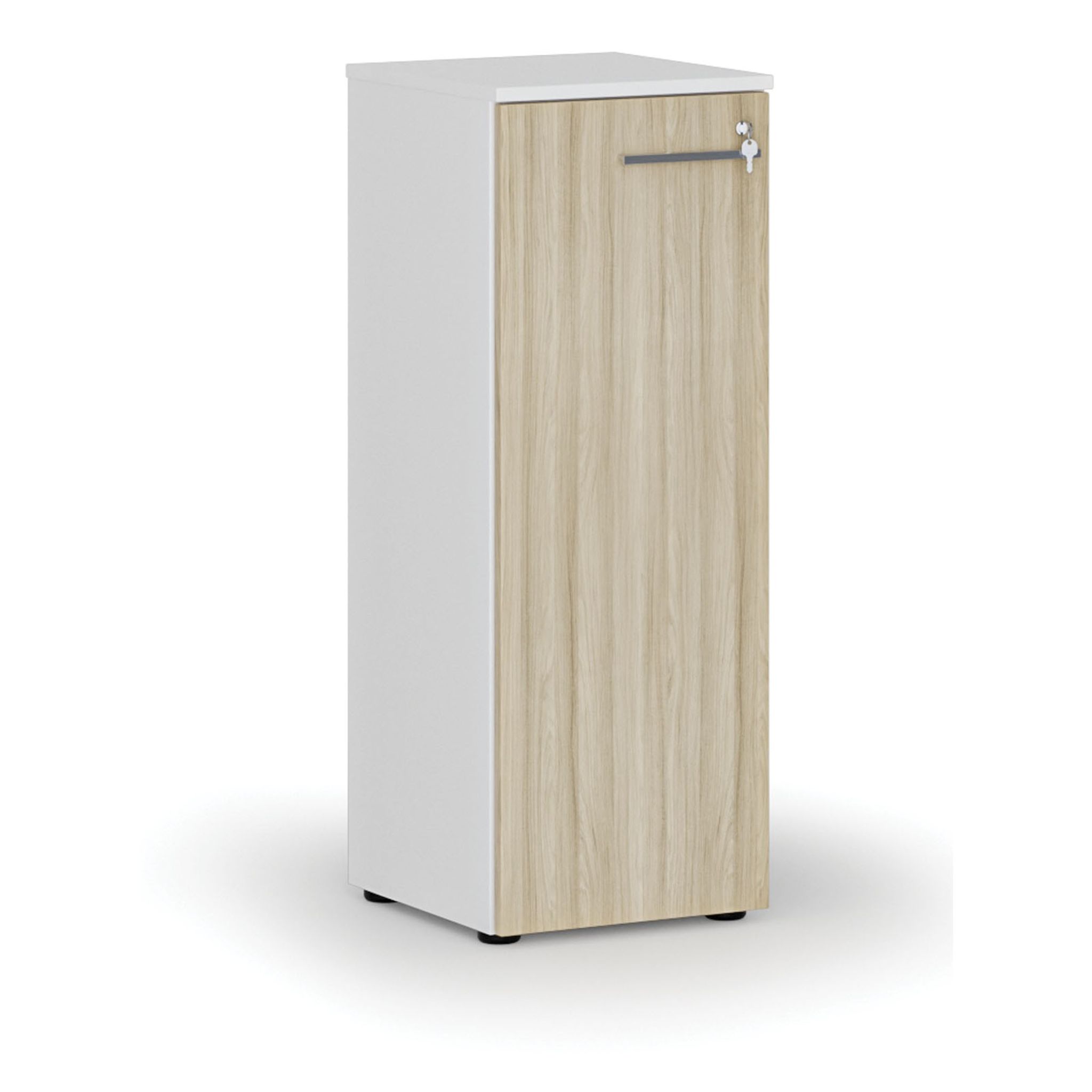 Nízká kancelářská skříň s dveřmi PRIMO WHITE, 400 x 420 x 1087 mm, bílá/dub přírodní