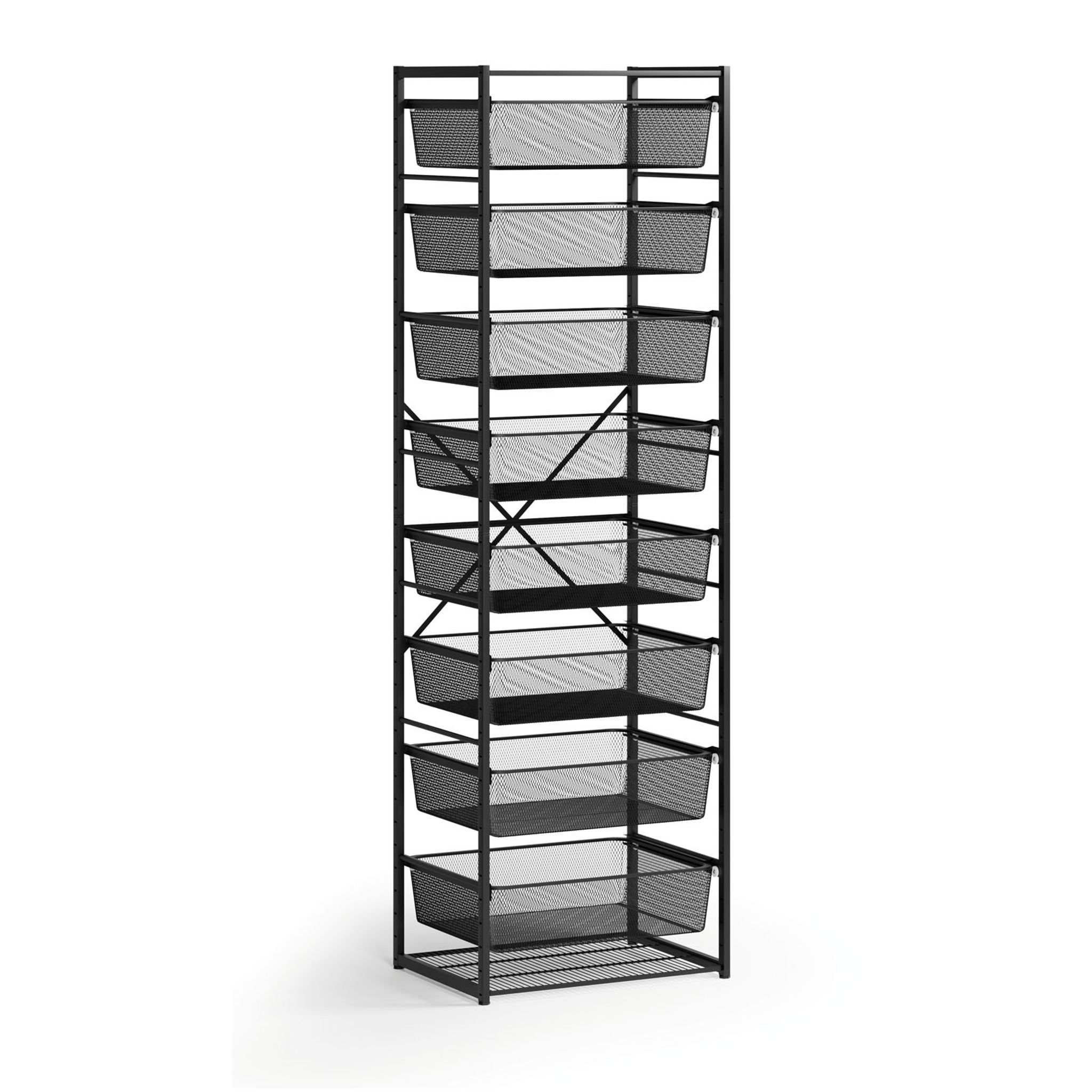 Otvorený košový regál, 8x koš s jemným sitom, TYP VIII, 600 × 460 × 2020 mm, čierna