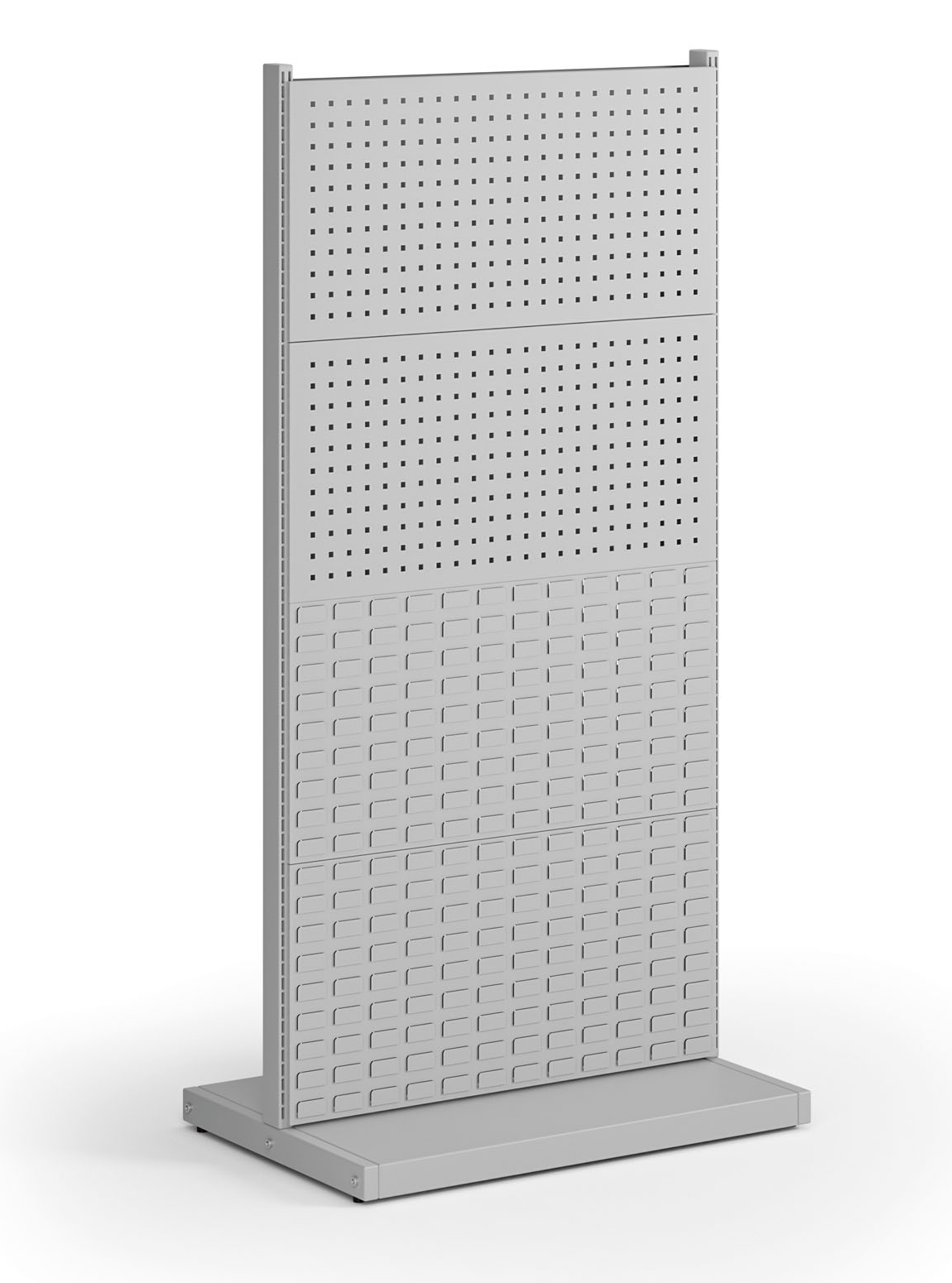 Fotografia produktu: Perforovaný stojan, obojstranný, 4x panel na náradie, 4x panel na boxy, 960 x 640 x 1964 mm
