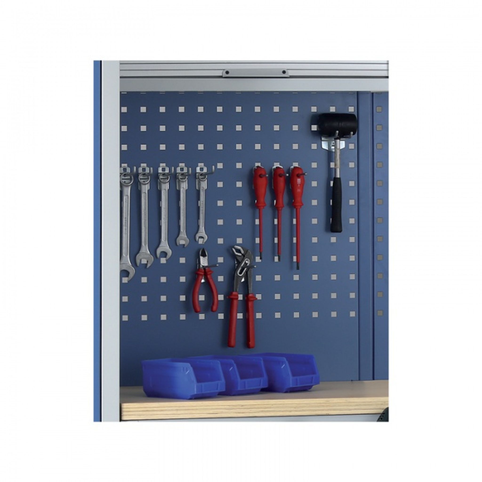Perforovaný zadný panel na náradie G2, otvory 10x10 mm, rozstup 38x38 mm, modrá