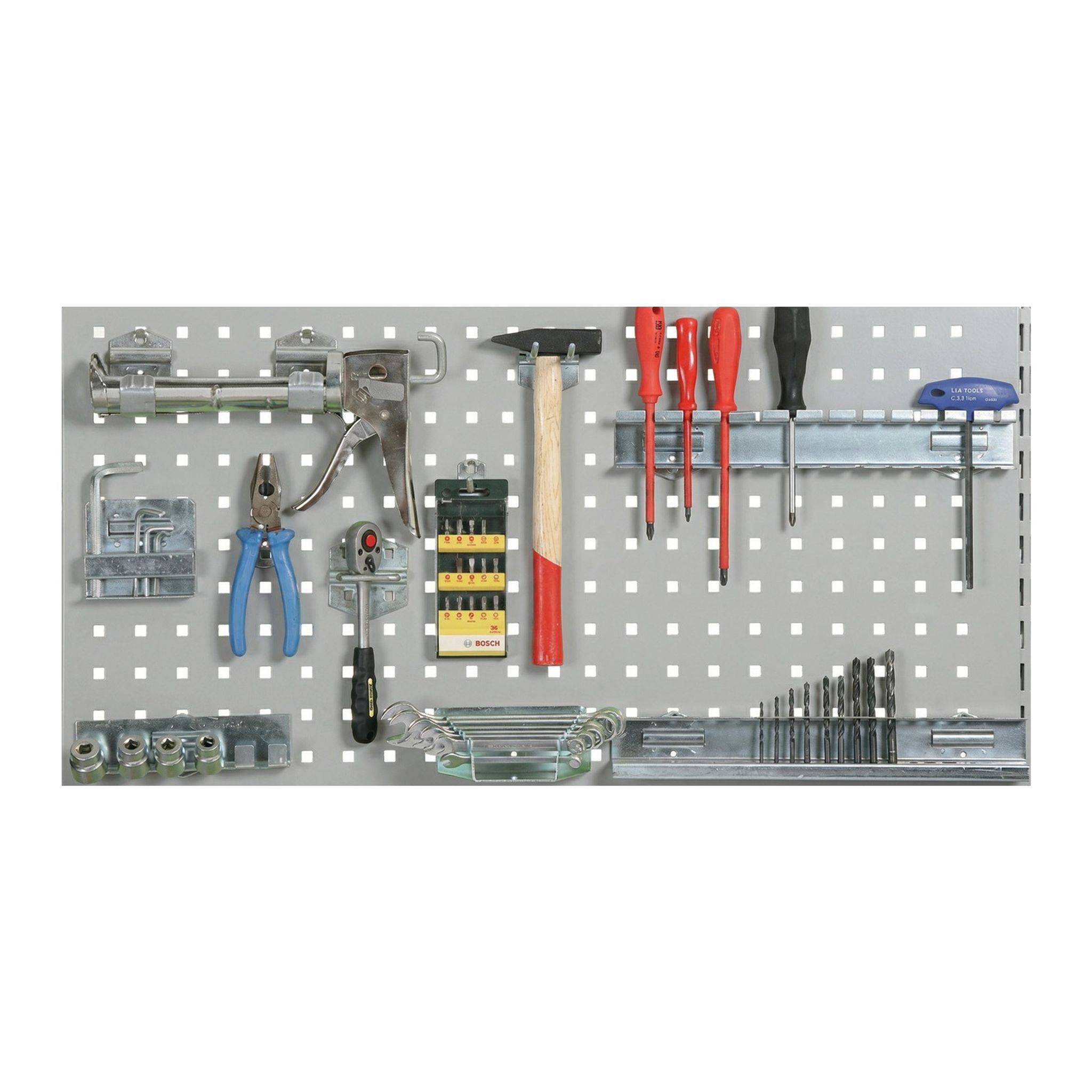 Perforovaný zadný panel na náradie G2, otvory 10x10 mm, rozstup 38x38 mm, sivá