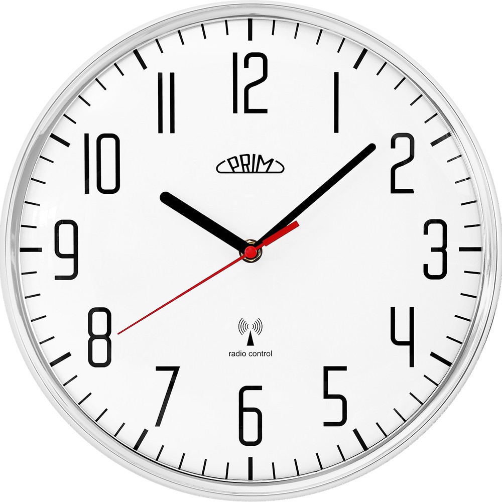 Fotografia produktu: Plastové hodiny biele/lesklé strieborné PRIM Radio ∅ 292 × 48 mm