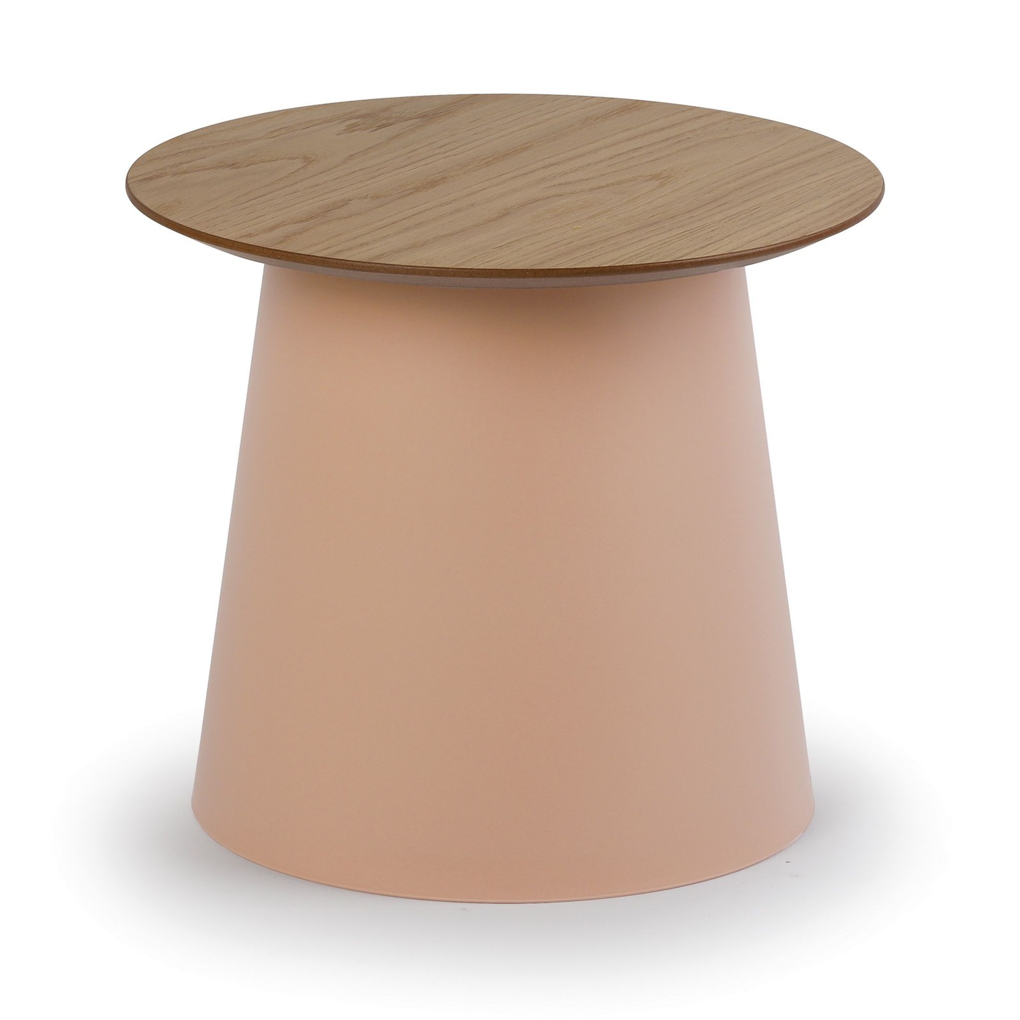 Plastový kávový stolek SETA s dřevěnou deskou, průměr 49 cm, dub/cihlová