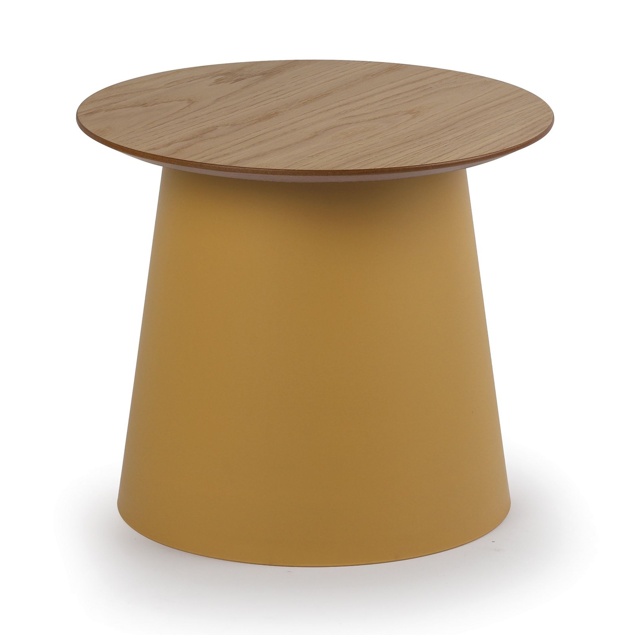 Plastový kávový stolek SETA s dřevěnou deskou, průměr 49 cm, dub/okrová
