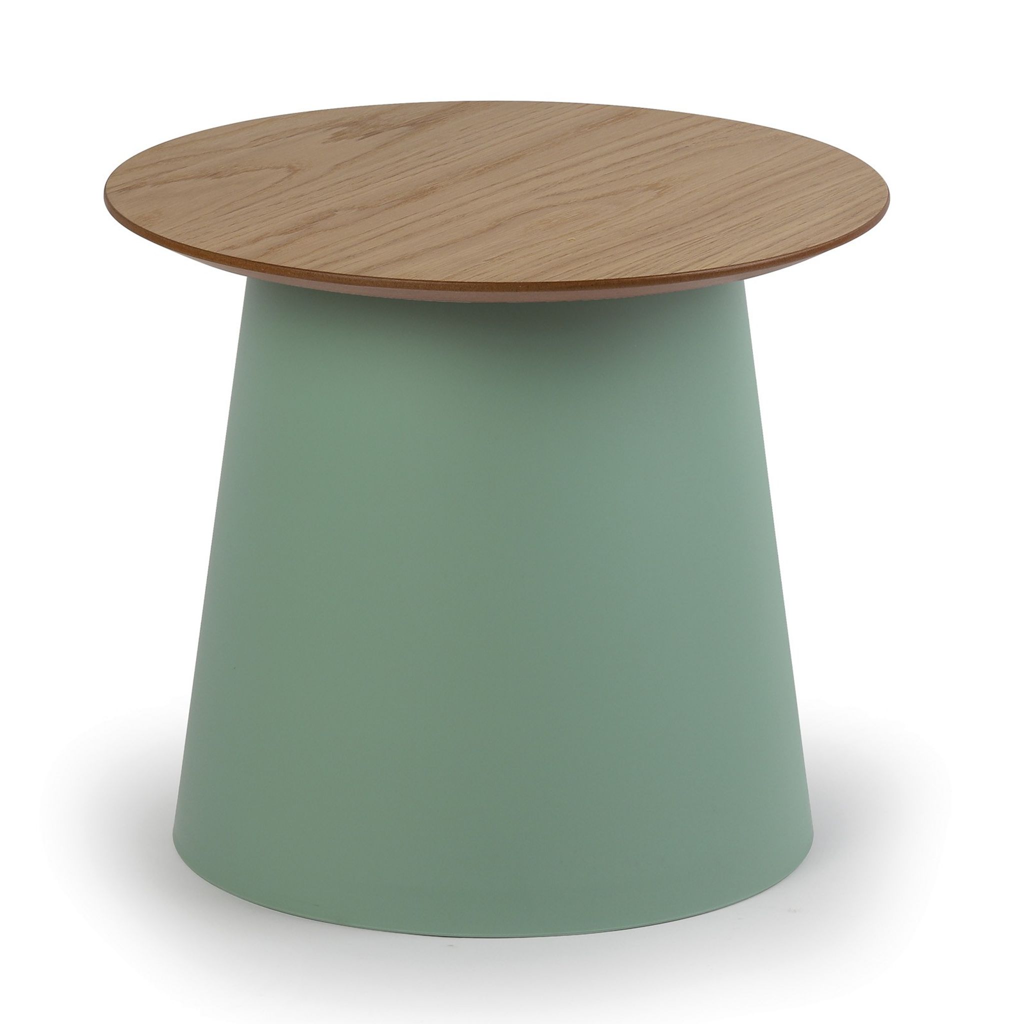 Plastový kávový stolek SETA s dřevěnou deskou, průměr 49 cm, dub/zelená