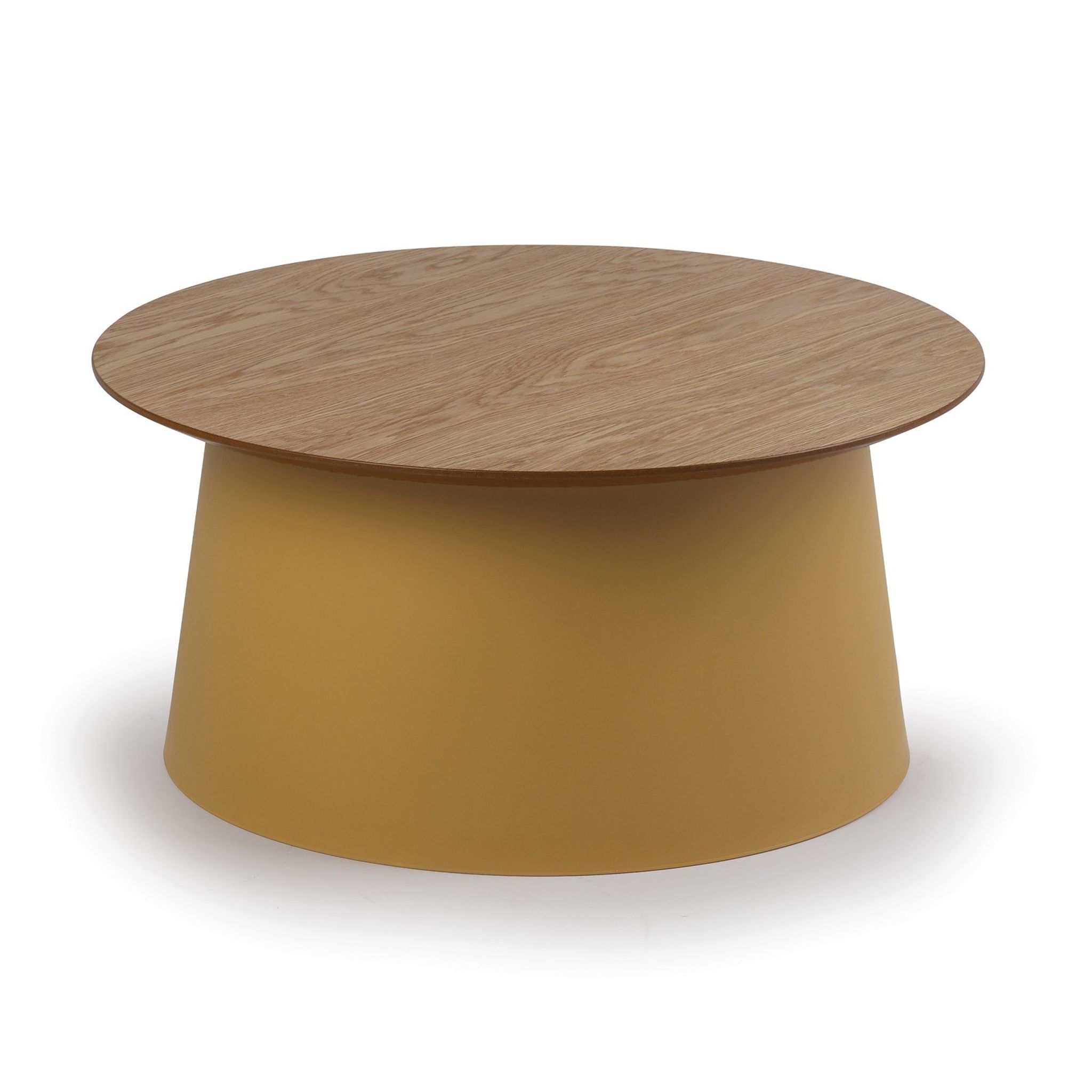 Plastový kávový stolek SETA s dřevěnou deskou, průměr 69 cm, dub/okrová