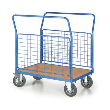 Plattformwagen mit 2 Gitterwänden, 1000 x 700 mm, Tragfähigkeit 200 kg, Rollen 125 mm, grauer Gummi
