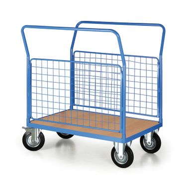 Plattformwagen mit 2 Gitterwänden, 1000 x 700 mm, Tragfähigkeit 300 kg, Rollen 160 mm, schwarzer Gummi
