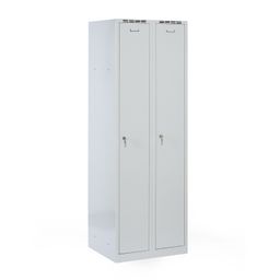 Plechová šatníková skrinka S8 na sokli, 2-dverová, 1800 x 600 x 500 mm, cylindrický zámok, sivé dvere