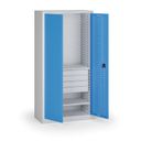 Policová dielenská skriňa 2-dverová, 2 police + 4 zásuvky, 1950 × 950 × 500 mm, modré dvere