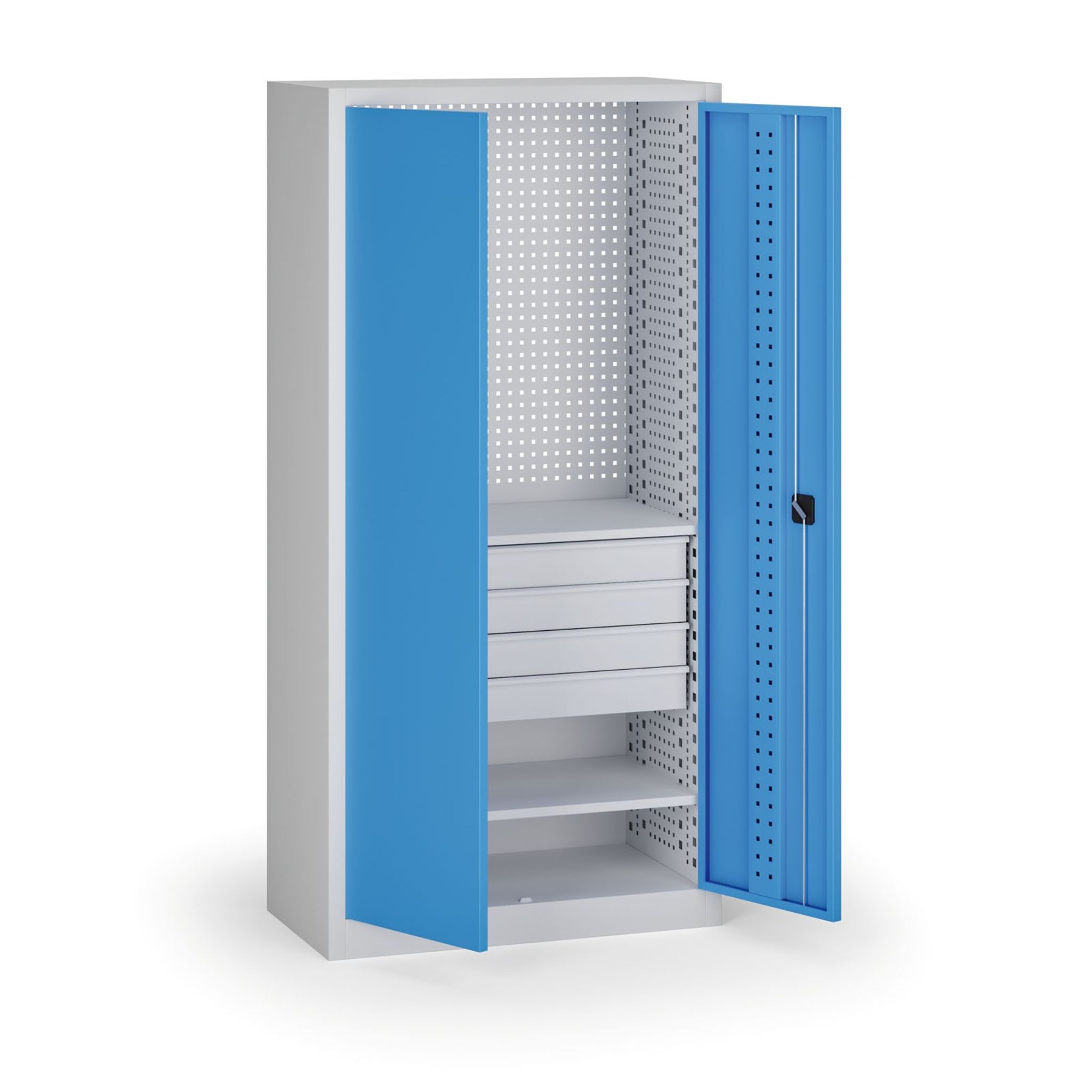 Policová dielenská skriňa 2-dverová, 2 police + 4 zásuvky, 1950 × 950 × 500 mm, modré dvere