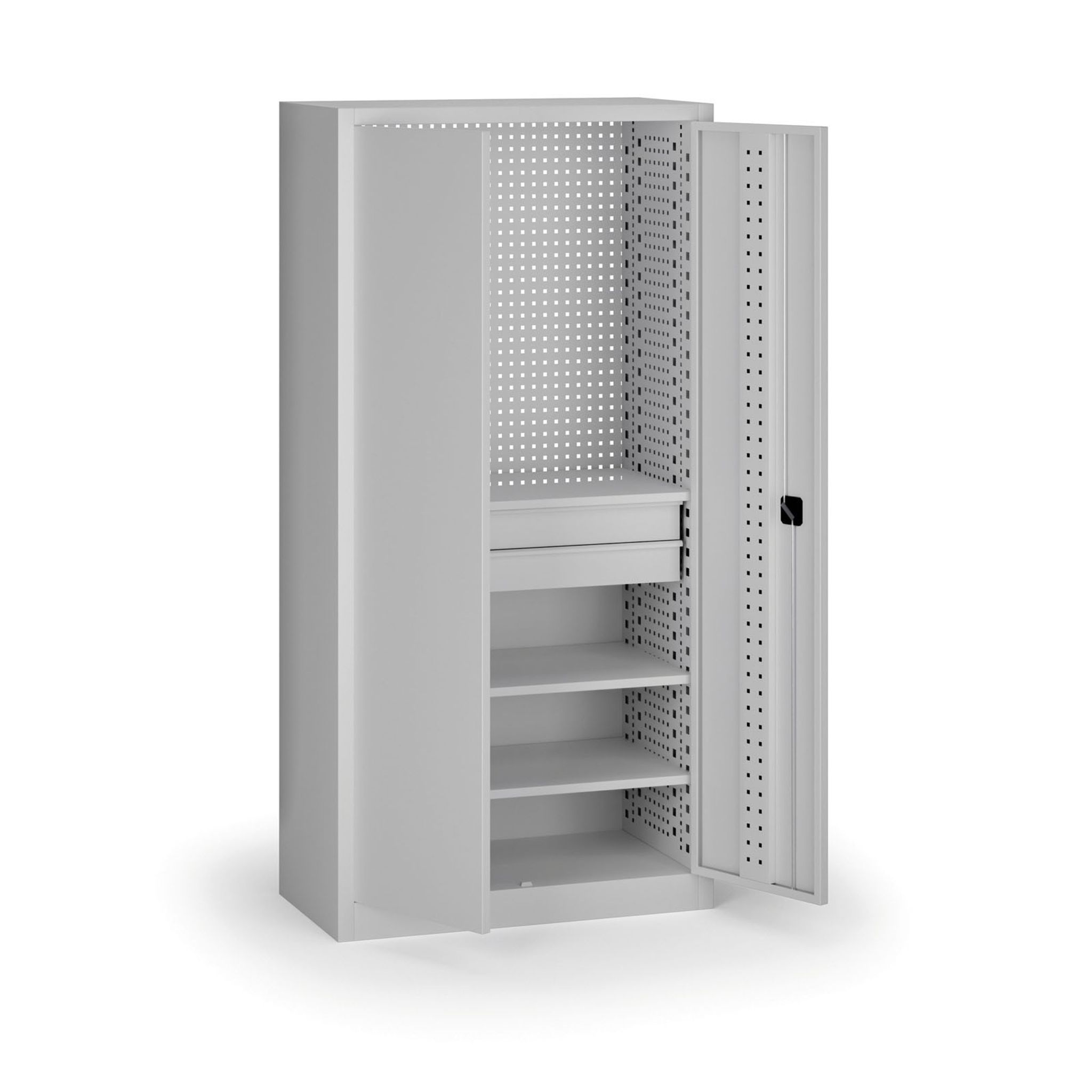 Policová dielenská skriňa 2-dverová, 3 police + 2 zásuvky, 1950 × 950 × 500 mm