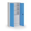 Policová dielenská skriňa 2-dverová, 3 police + 7 zásuviek, 1950 × 950 × 500 mm, modré dvere